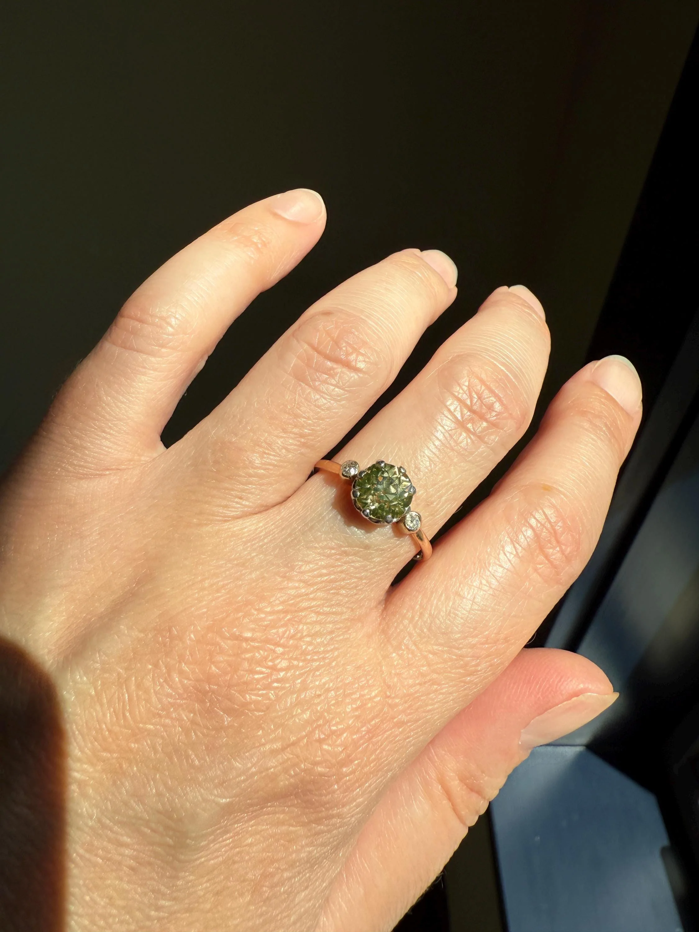 Antique Eye Clean Color Change 1.5 Carat Antique Fancy Champagne Green Yellow Old Mine Cut DIAMOND Solitaire Ring Three Stone 18k Gold - Image 4