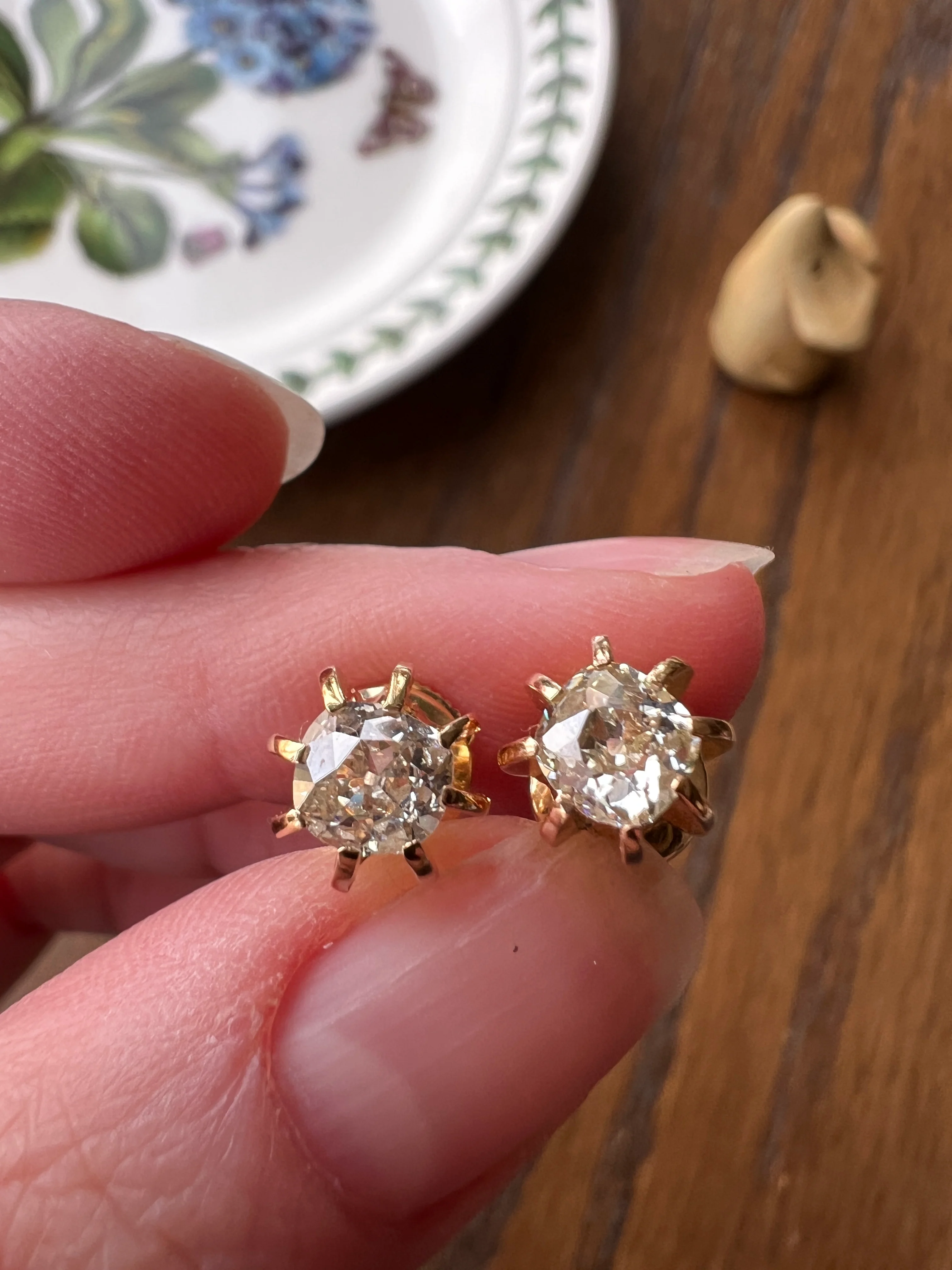 Antique Eye Clean One Carat Tdw Cushion Old Mine Cut DIAMOND Prong Stud Earrings French 18k Gold - Image 11