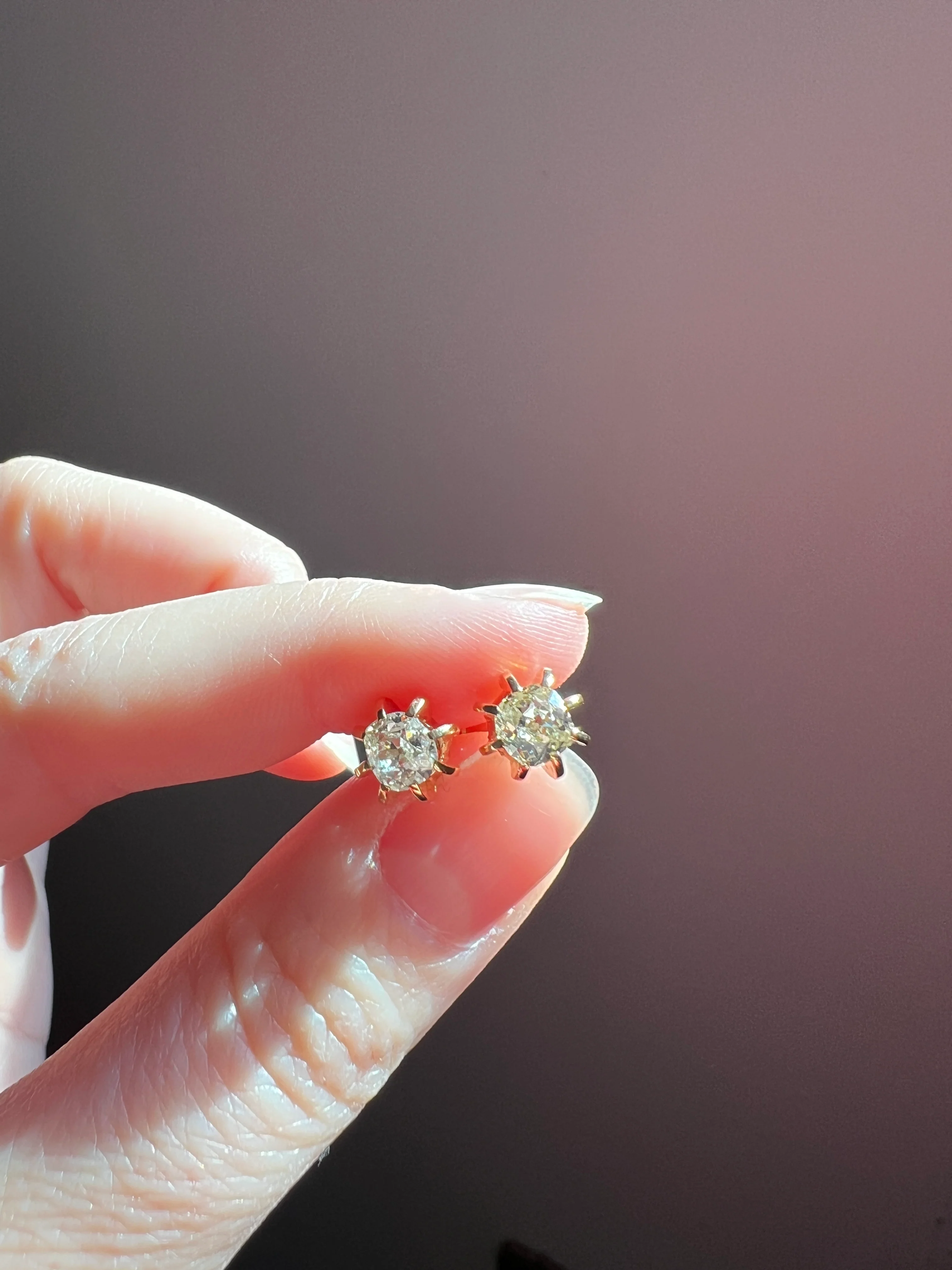 Antique Eye Clean One Carat Tdw Cushion Old Mine Cut DIAMOND Prong Stud Earrings French 18k Gold - Image 16