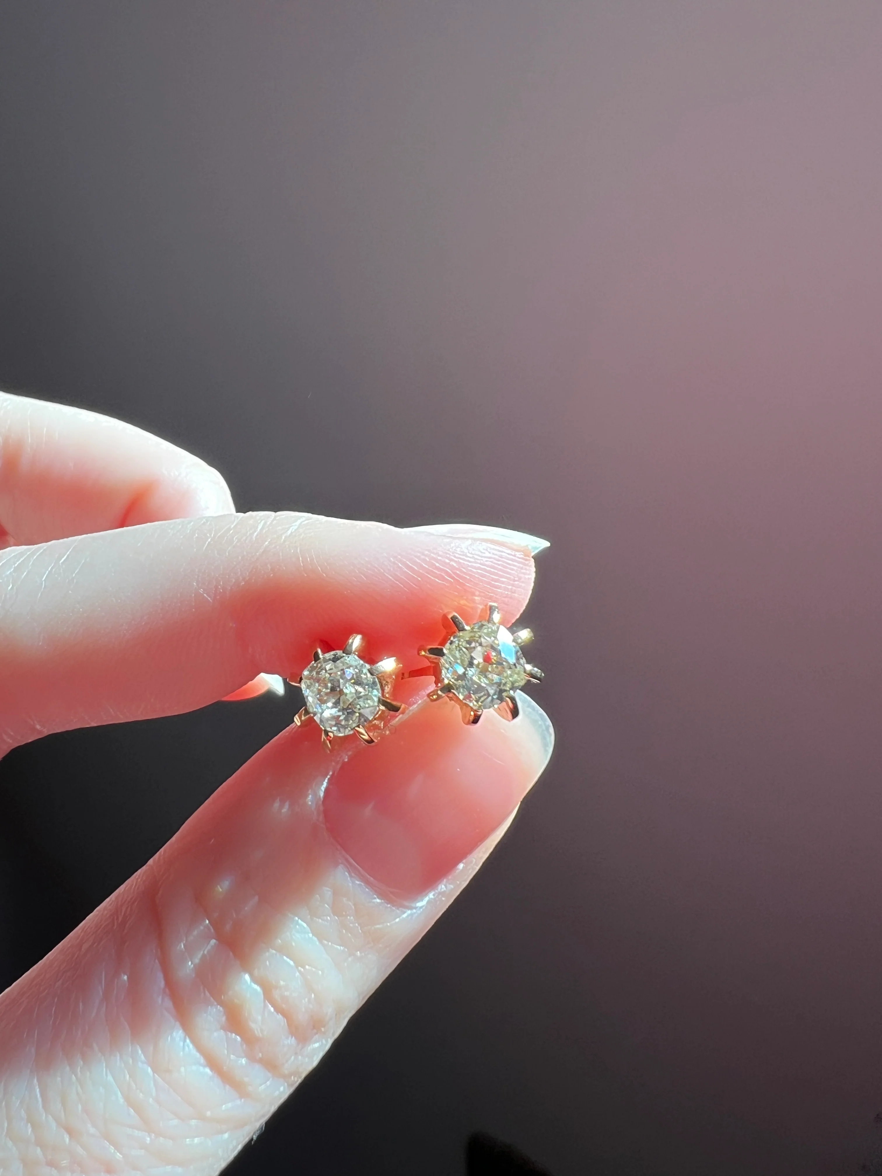 Antique Eye Clean One Carat Tdw Cushion Old Mine Cut DIAMOND Prong Stud Earrings French 18k Gold - Image 17