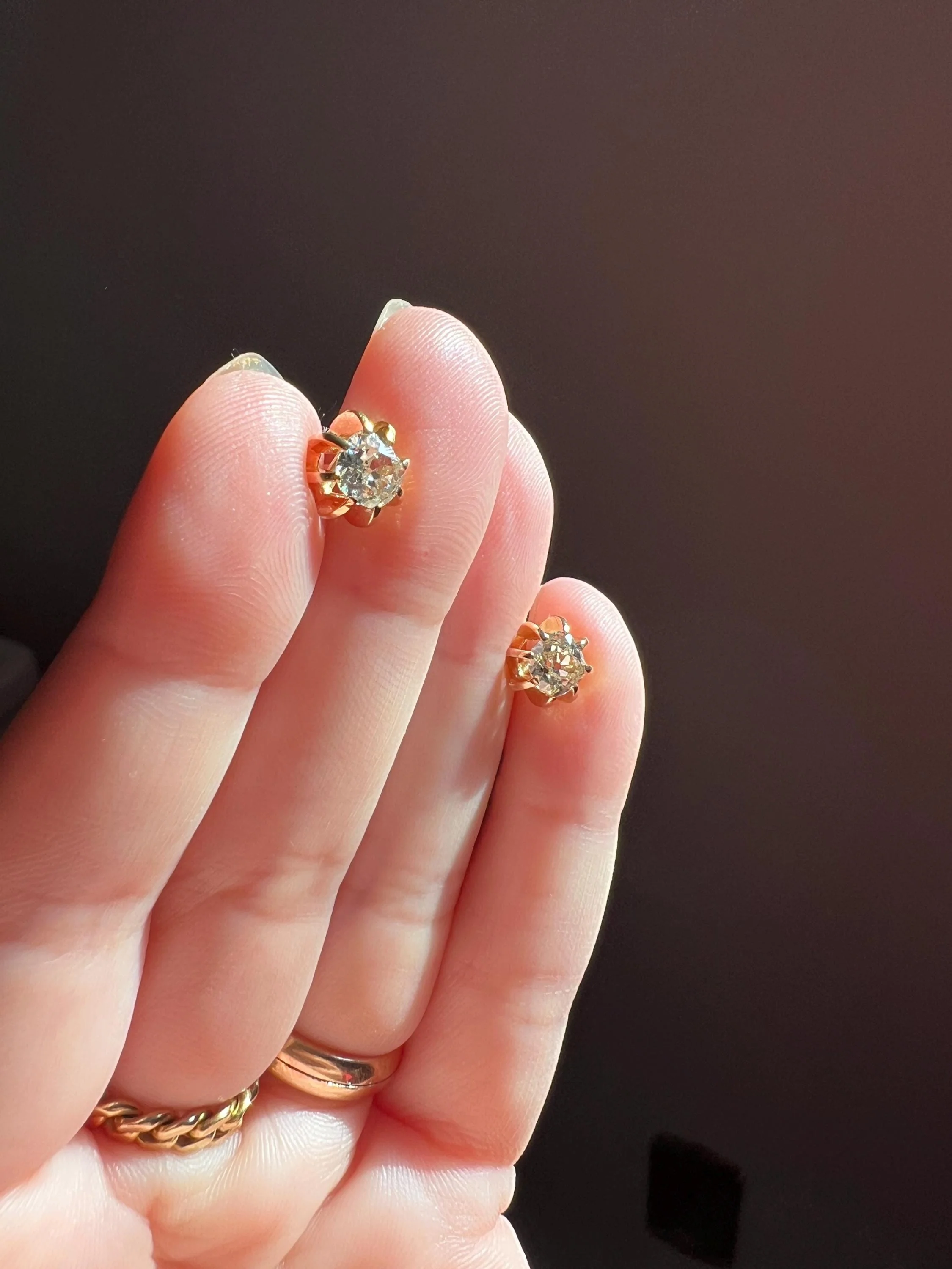 Antique Eye Clean One Carat Tdw Cushion Old Mine Cut DIAMOND Prong Stud Earrings French 18k Gold - Image 2