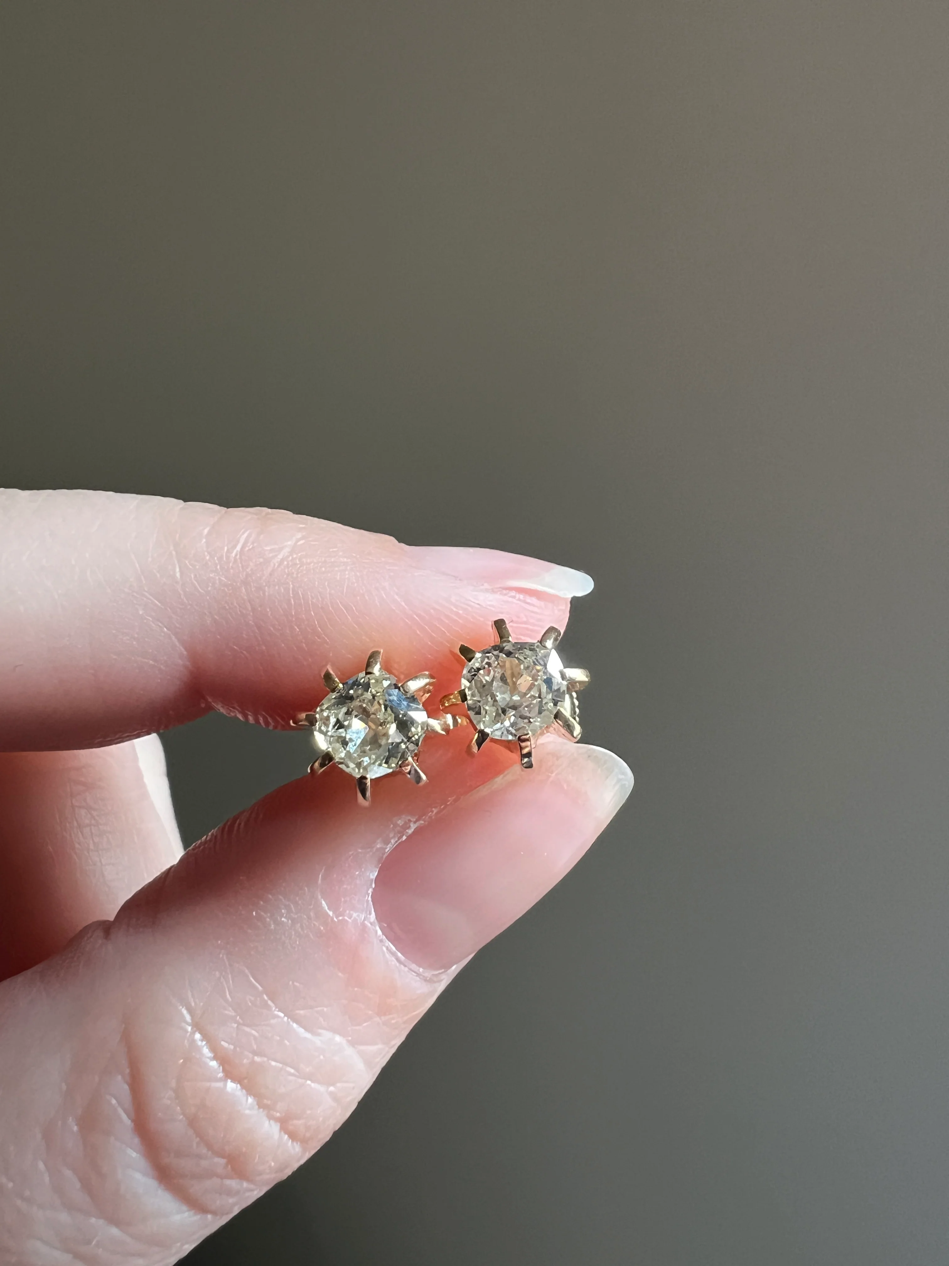 Antique Eye Clean One Carat Tdw Cushion Old Mine Cut DIAMOND Prong Stud Earrings French 18k Gold - Image 20