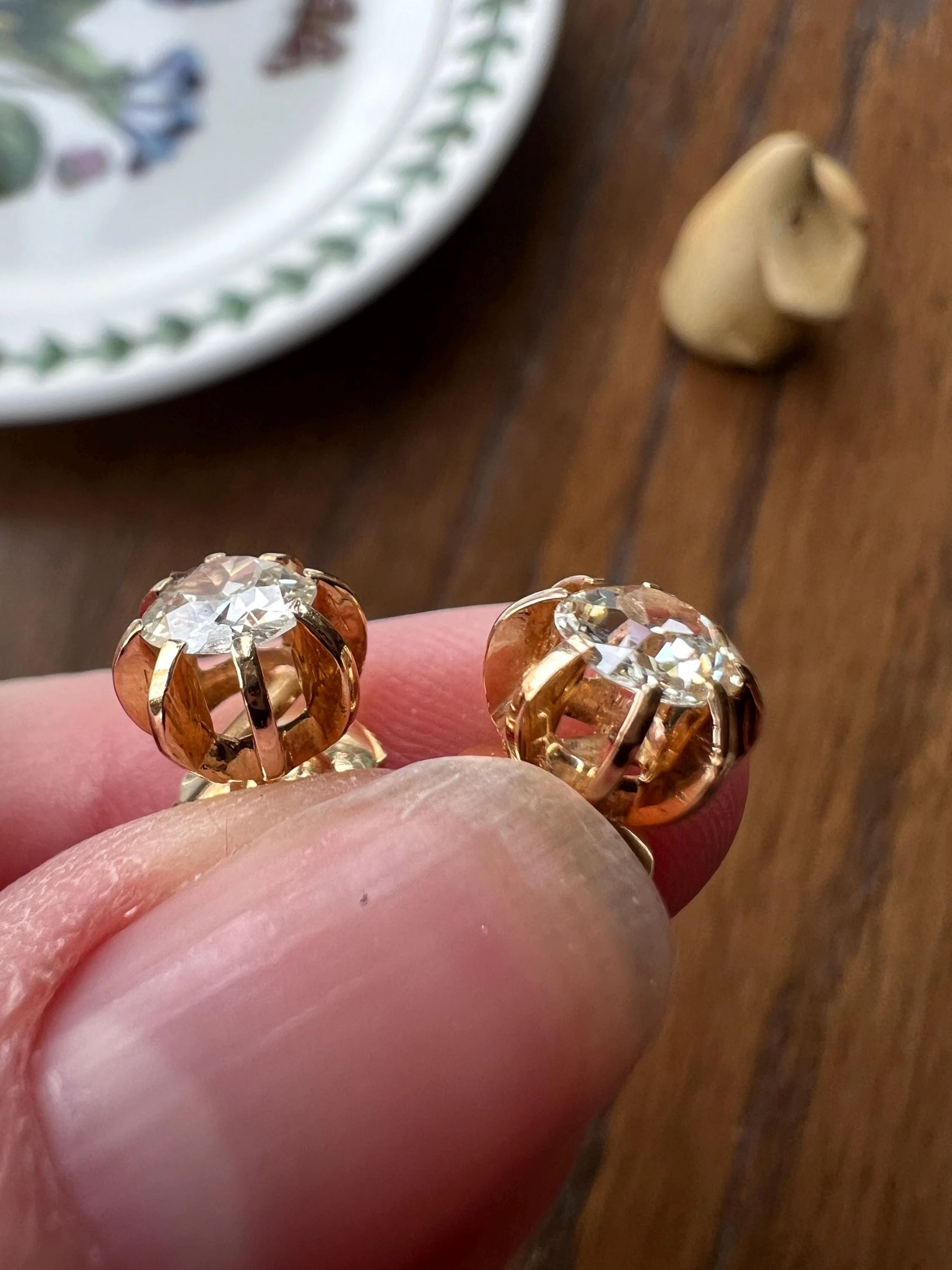Antique Eye Clean One Carat Tdw Cushion Old Mine Cut DIAMOND Prong Stud Earrings French 18k Gold - Image 9