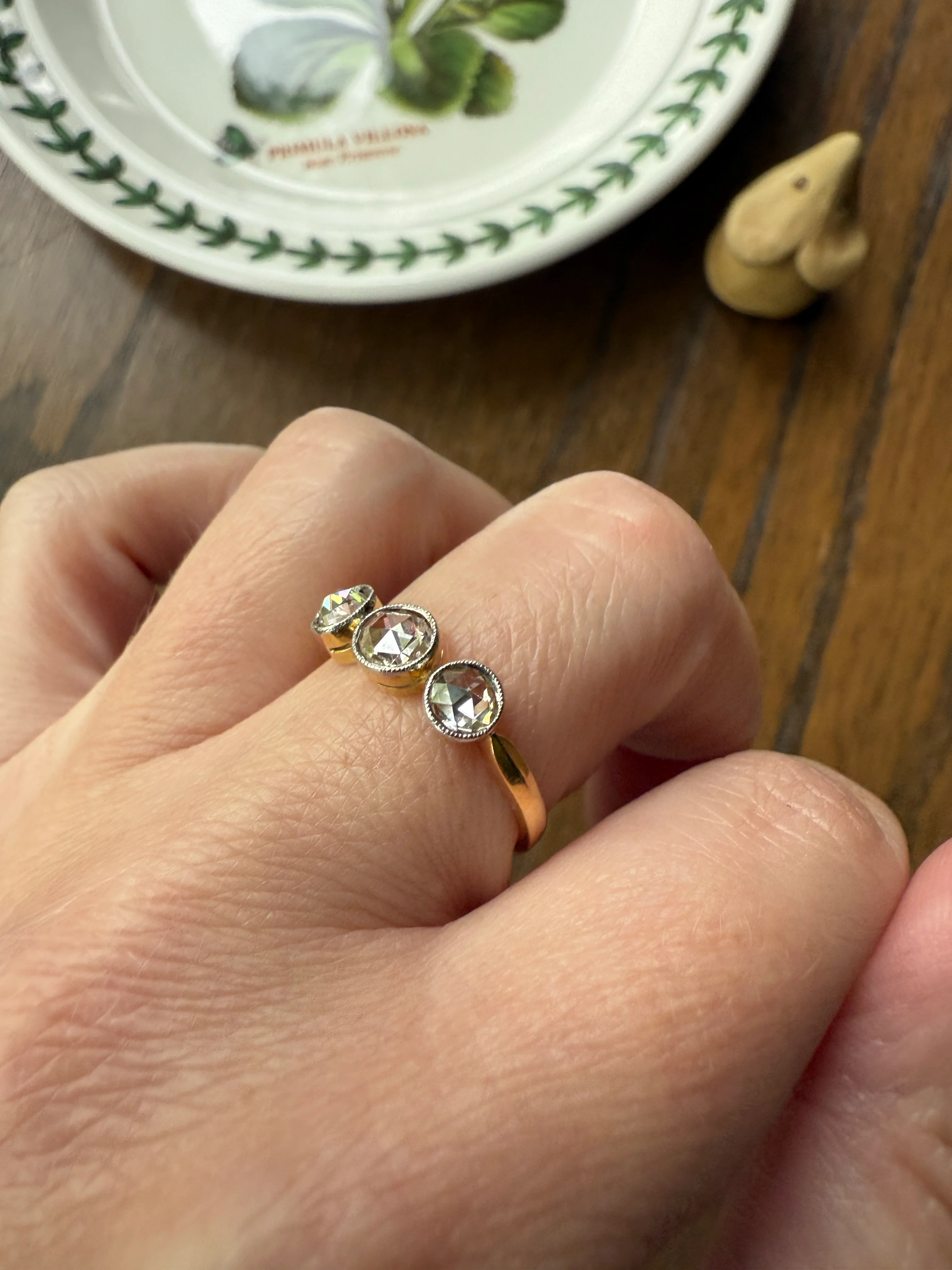 Antique Eye Clean Rose Cut DIAMOND Three Stone Ring Stackable Band Open Back 18k Gold Bezel Set - Image 13