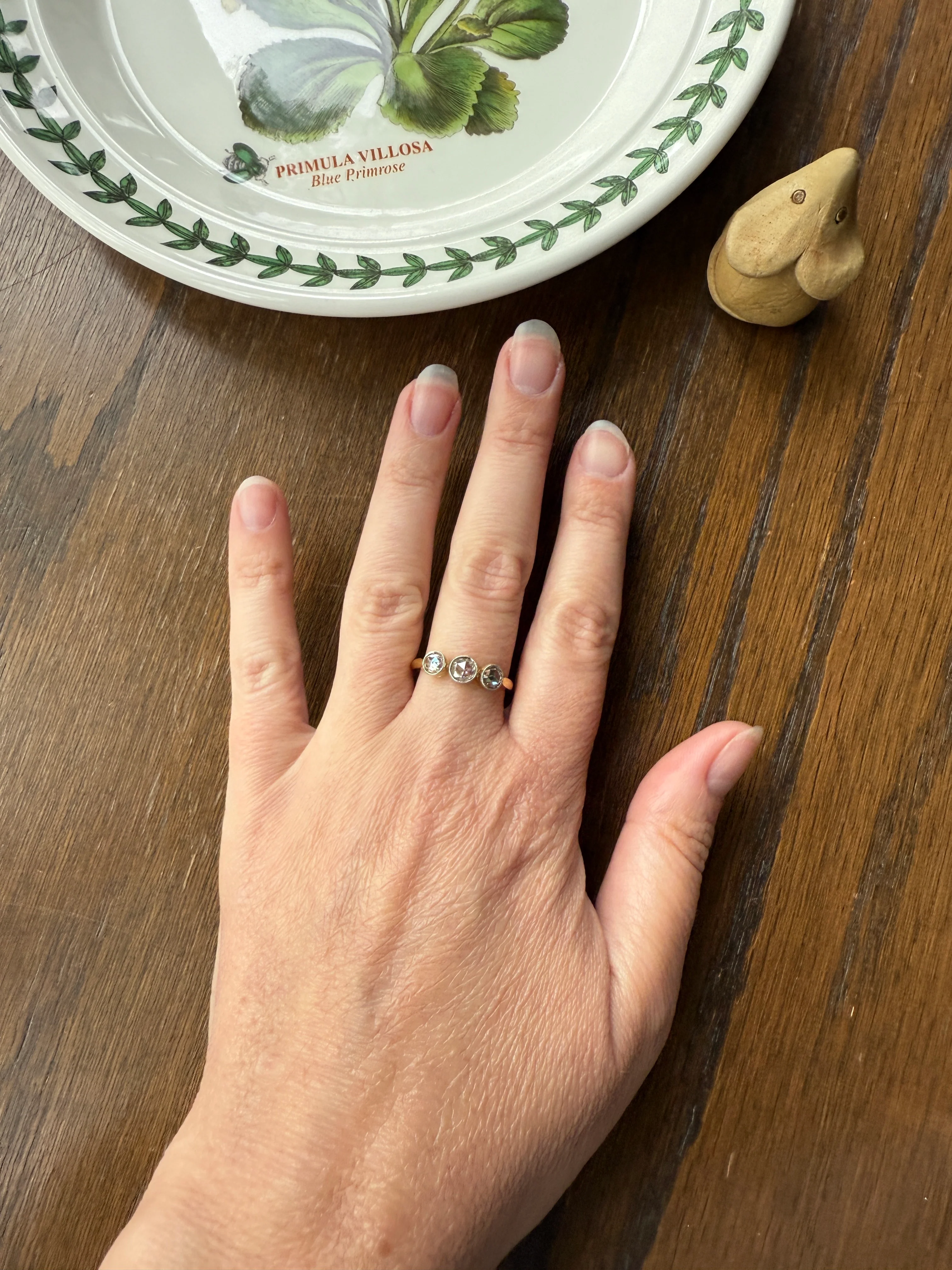 Antique Eye Clean Rose Cut DIAMOND Three Stone Ring Stackable Band Open Back 18k Gold Bezel Set - Image 14