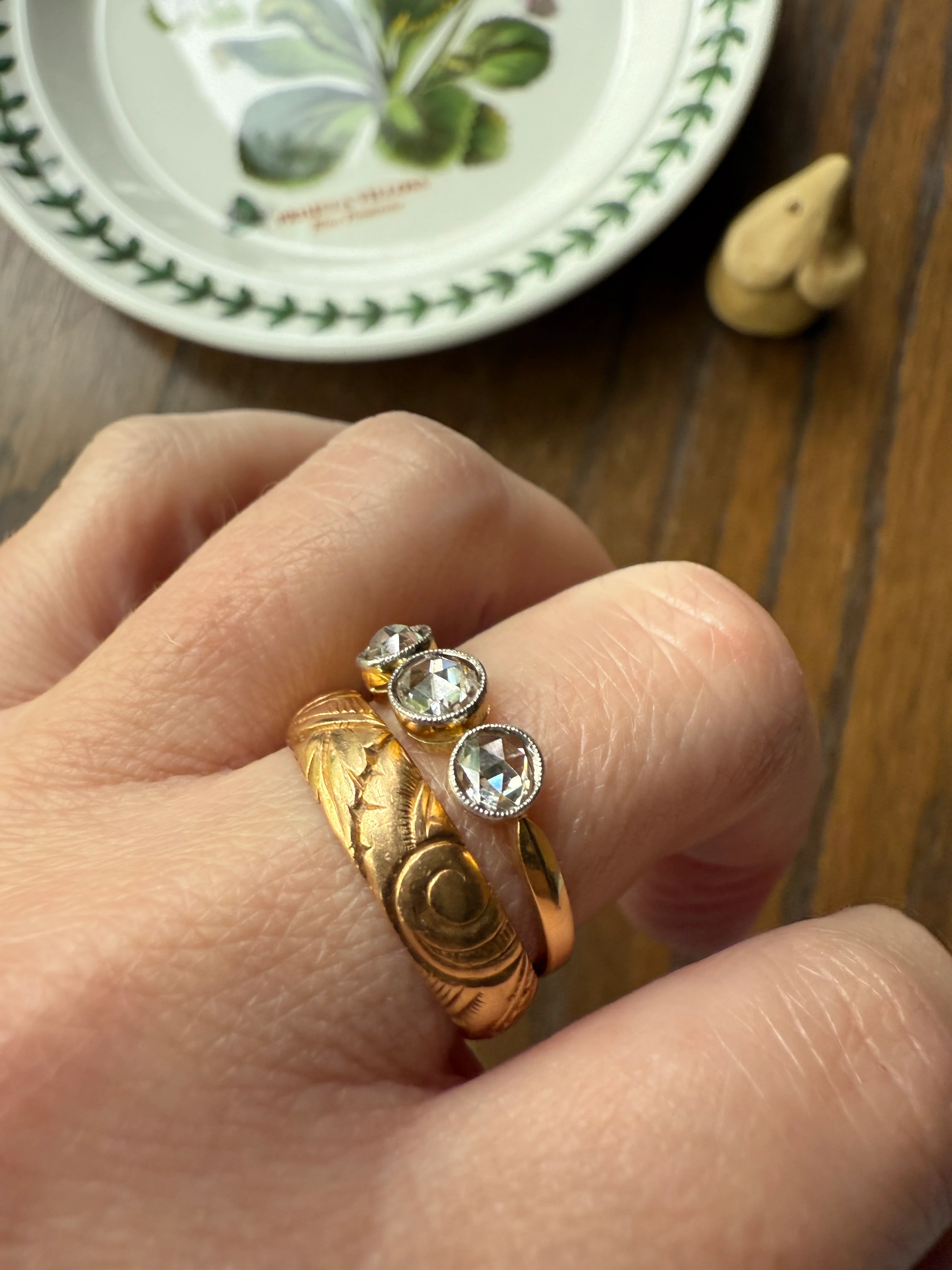 Antique Eye Clean Rose Cut DIAMOND Three Stone Ring Stackable Band Open Back 18k Gold Bezel Set - Image 15