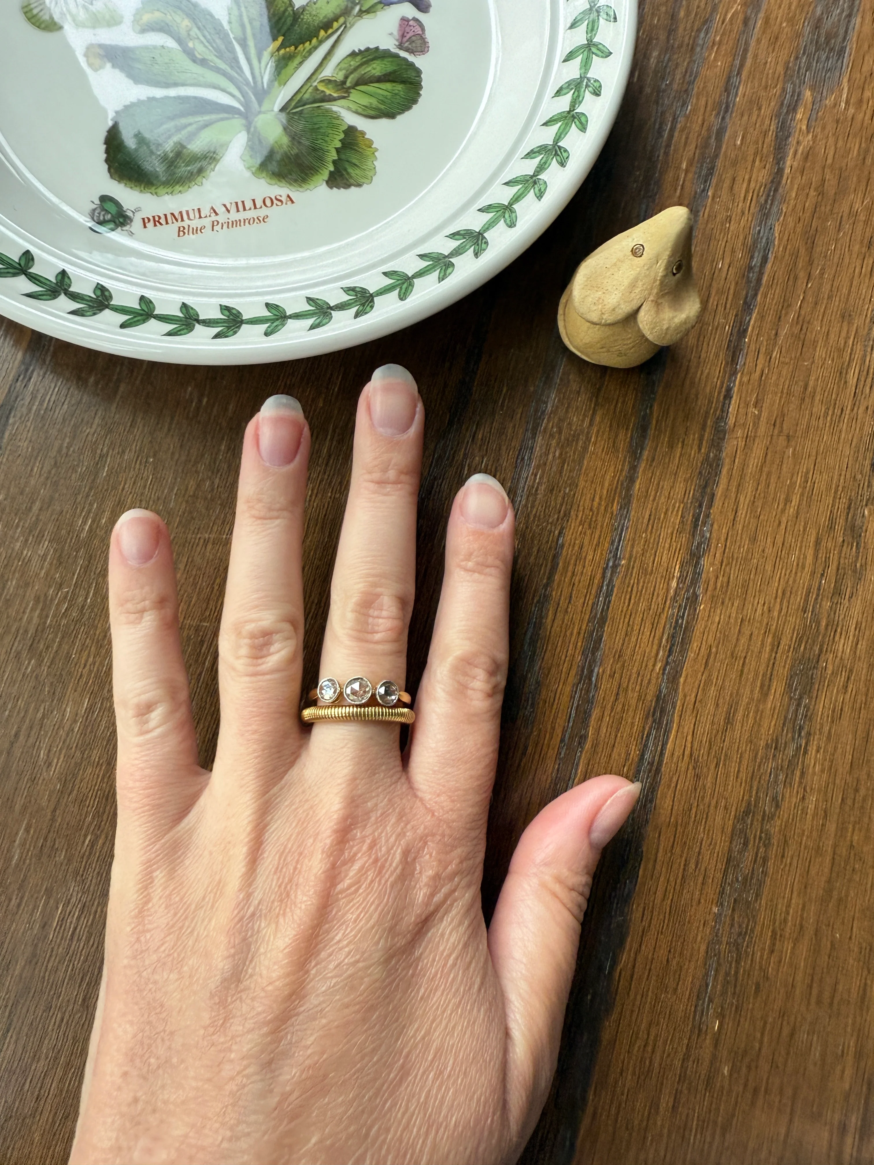 Antique Eye Clean Rose Cut DIAMOND Three Stone Ring Stackable Band Open Back 18k Gold Bezel Set - Image 16