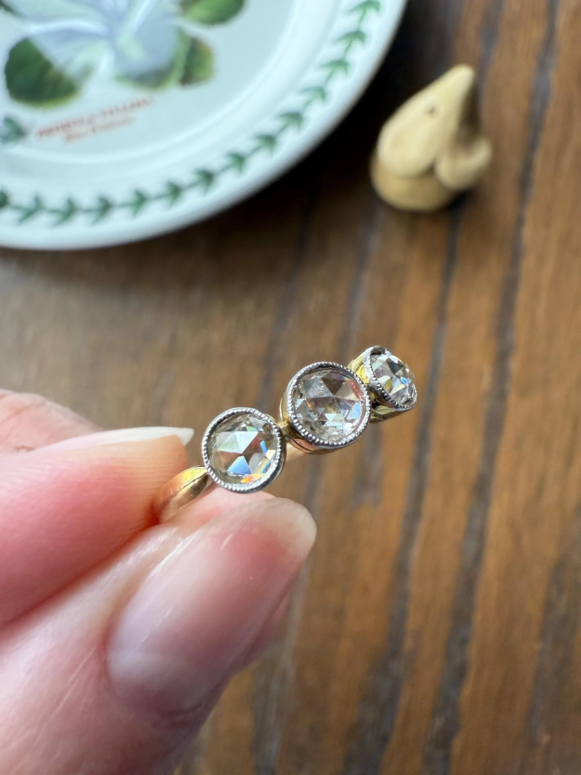 Antique Eye Clean Rose Cut DIAMOND Three Stone Ring Stackable Band Open Back 18k Gold Bezel Set - Image 7