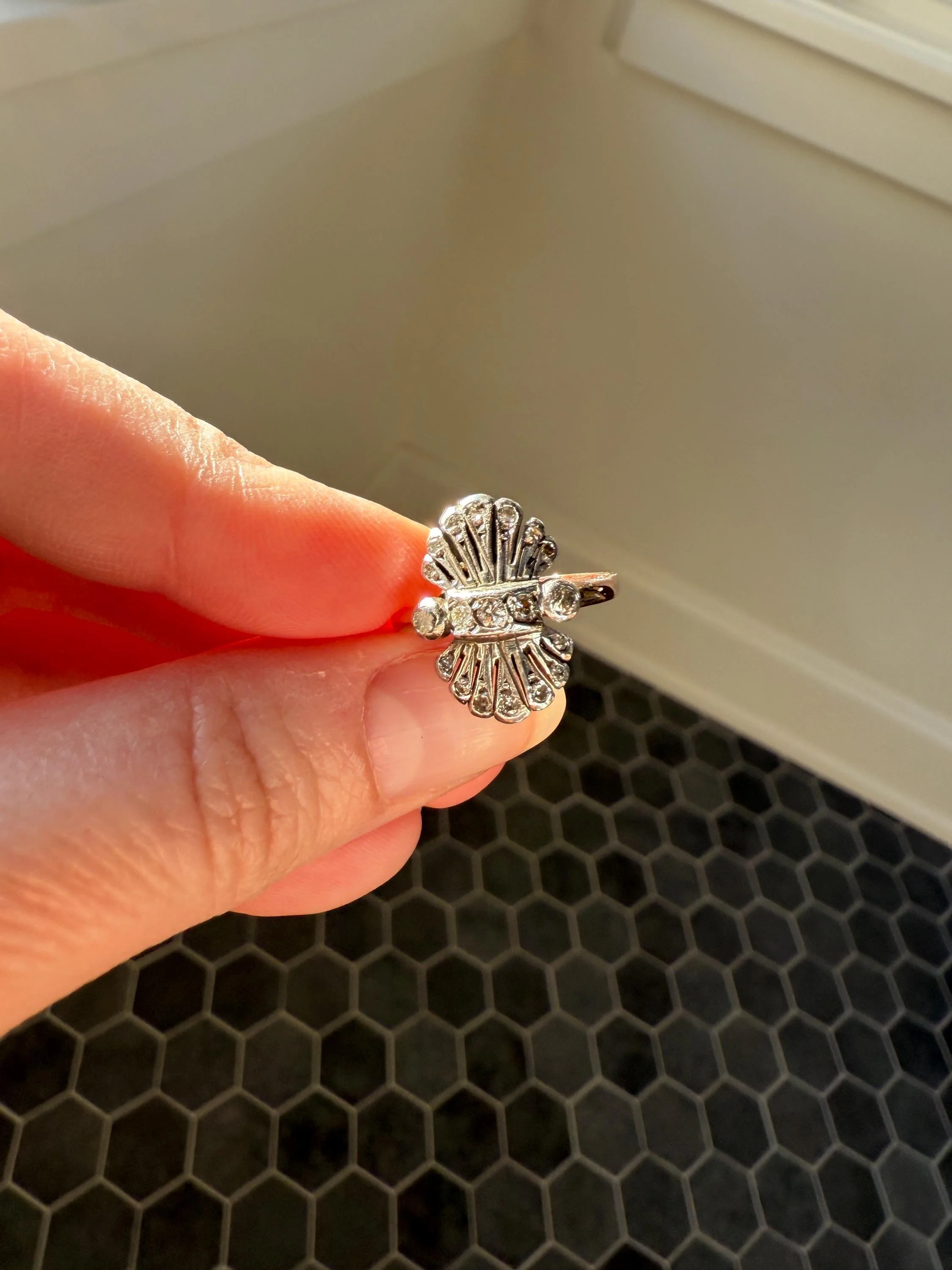 Antique Fan Feather Art Deco Natural Diamond Figural Ring 14k Gold Solid Silver Architectural - Image 10