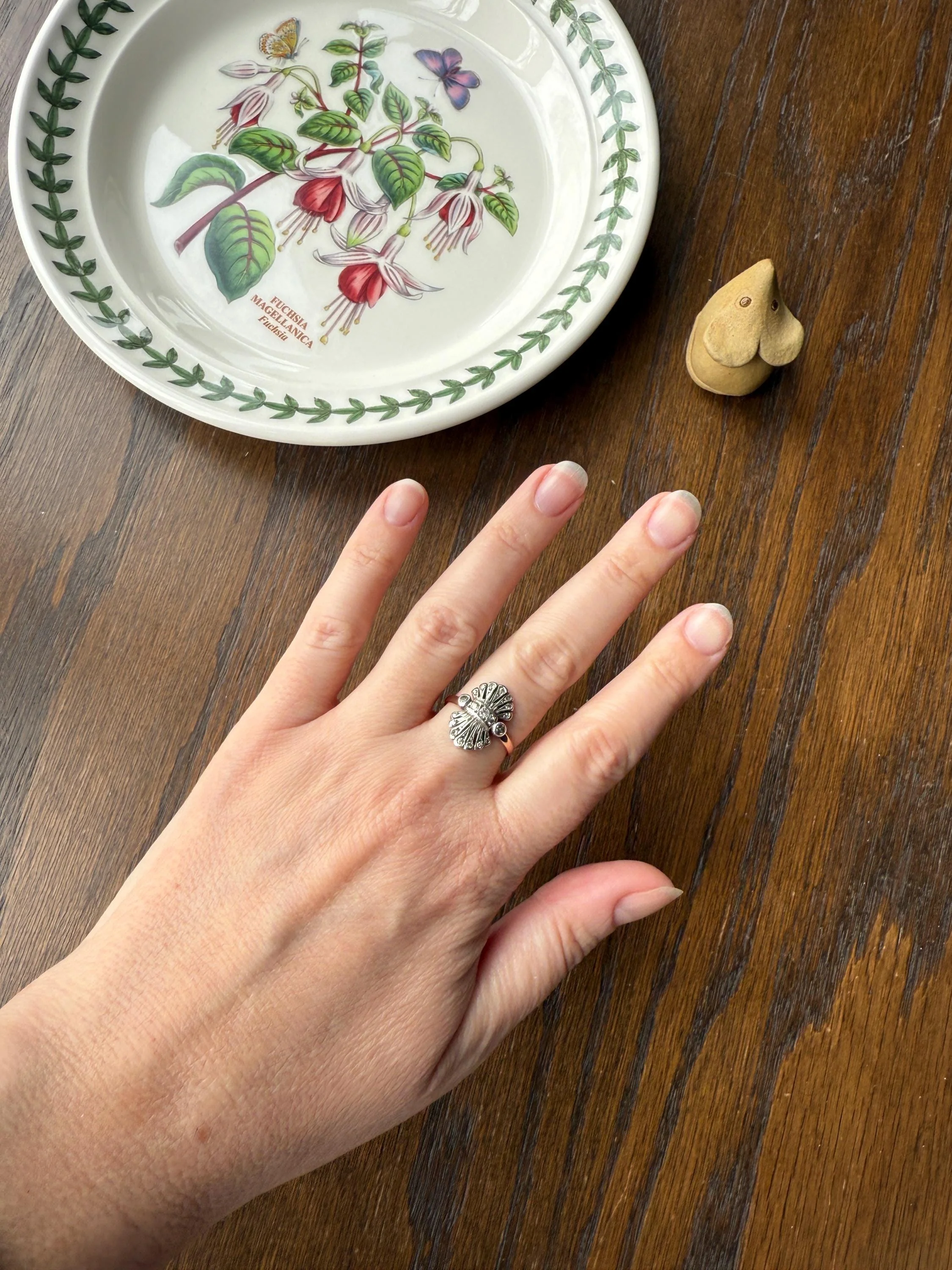 Antique Fan Feather Art Deco Natural Diamond Figural Ring 14k Gold Solid Silver Architectural - Image 11