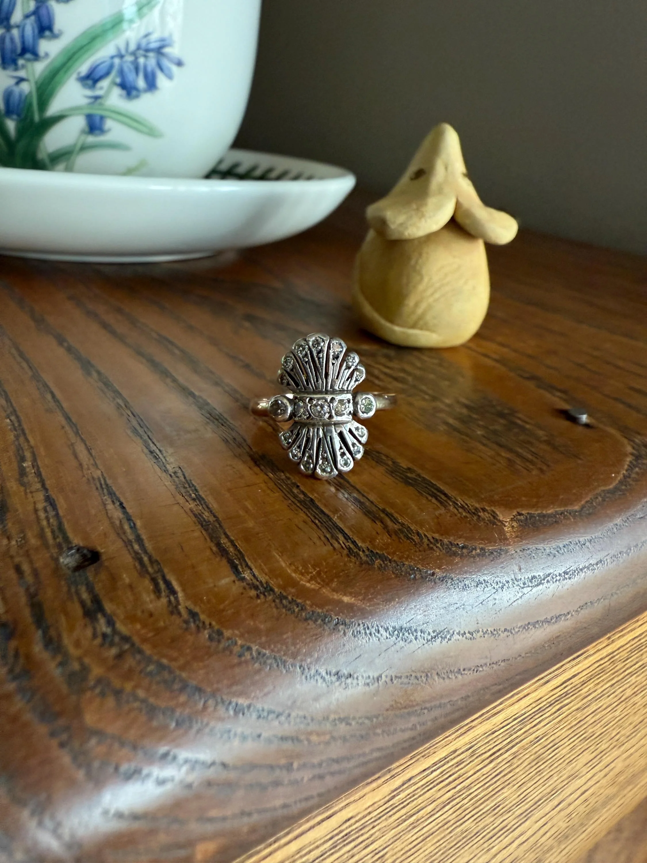 Antique Fan Feather Art Deco Natural Diamond Figural Ring 14k Gold Solid Silver Architectural - Image 2