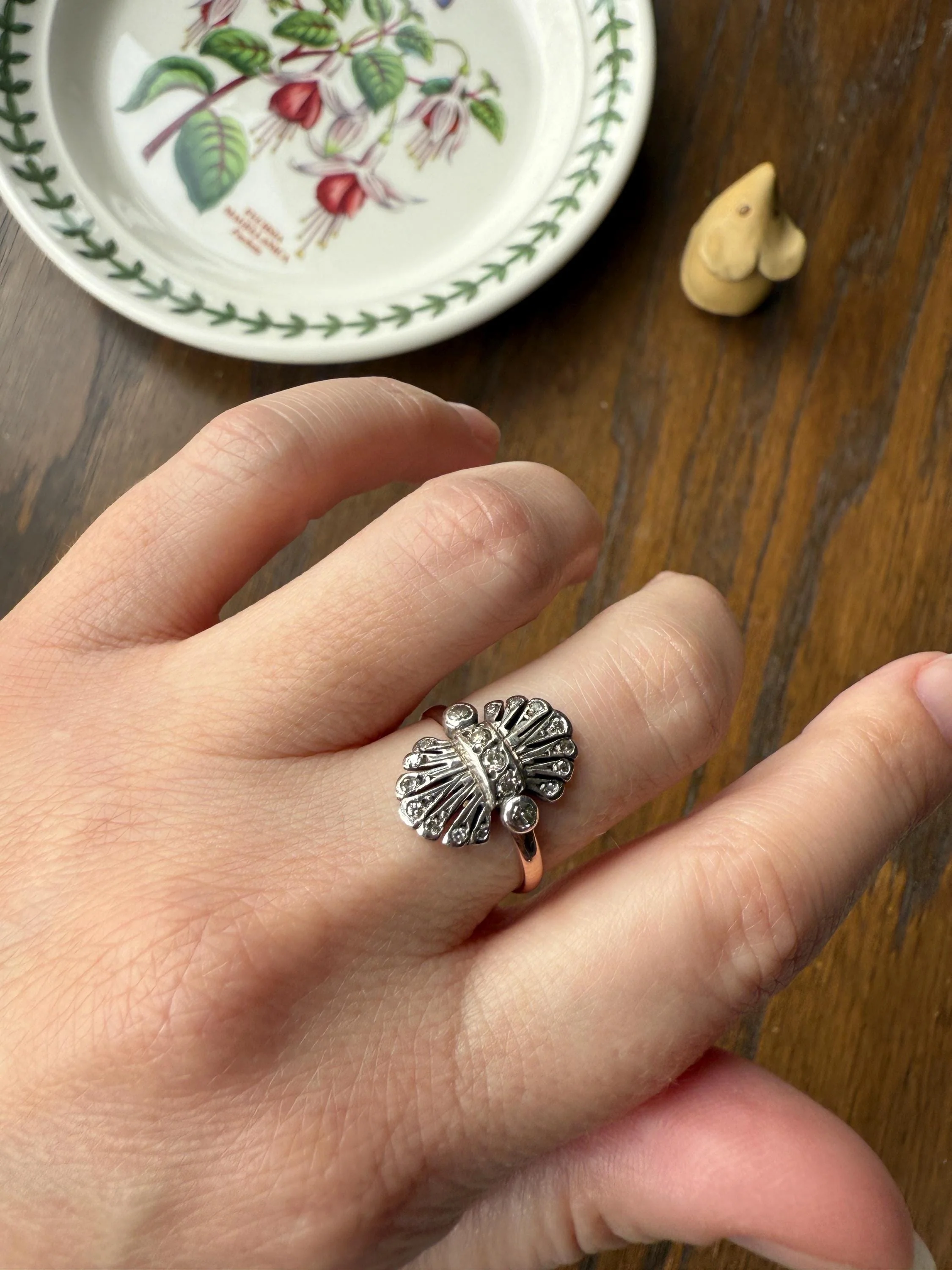 Antique Fan Feather Art Deco Natural Diamond Figural Ring 14k Gold Solid Silver Architectural - Image 4
