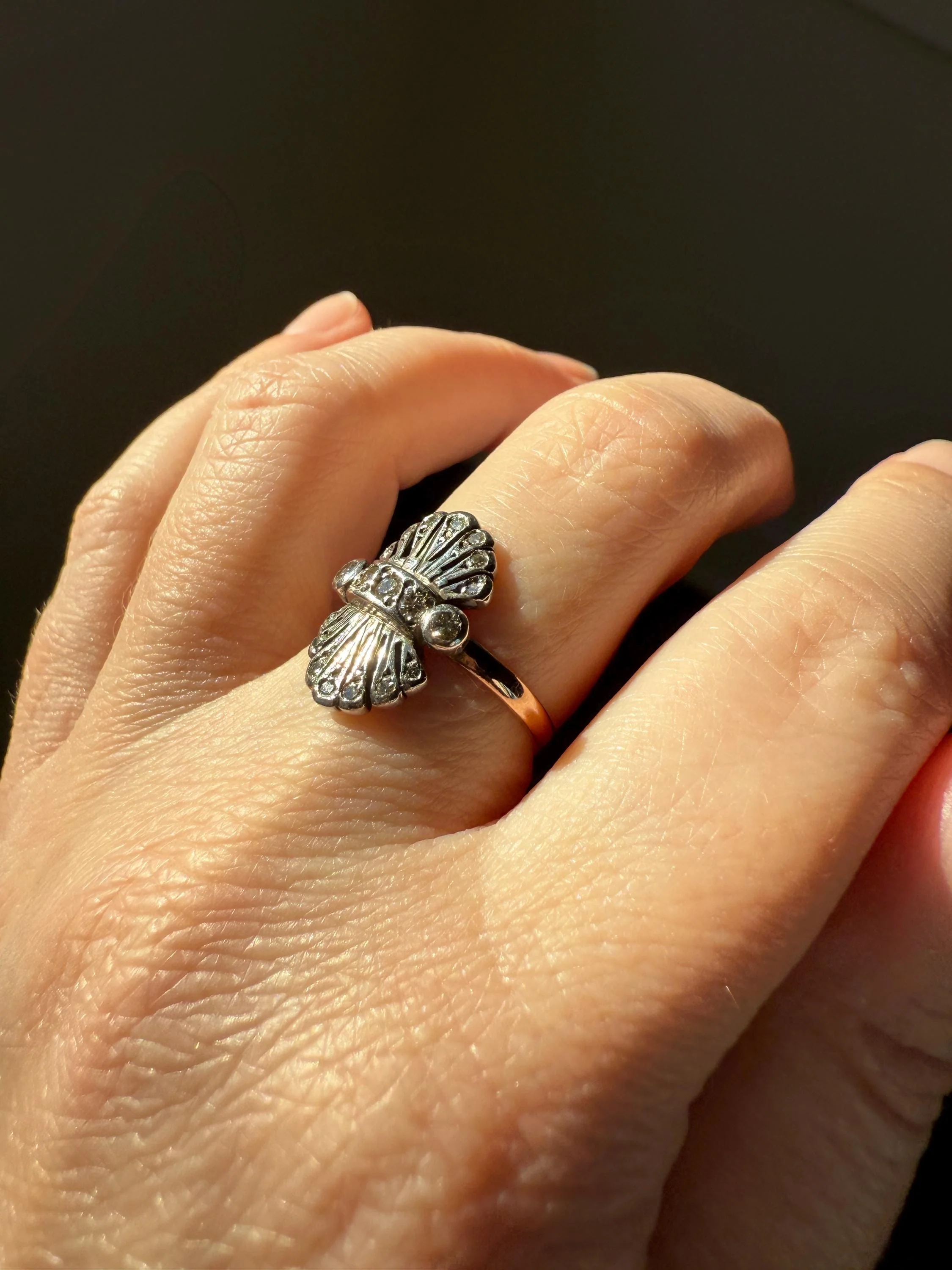 Antique Fan Feather Art Deco Natural Diamond Figural Ring 14k Gold Solid Silver Architectural - Image 5