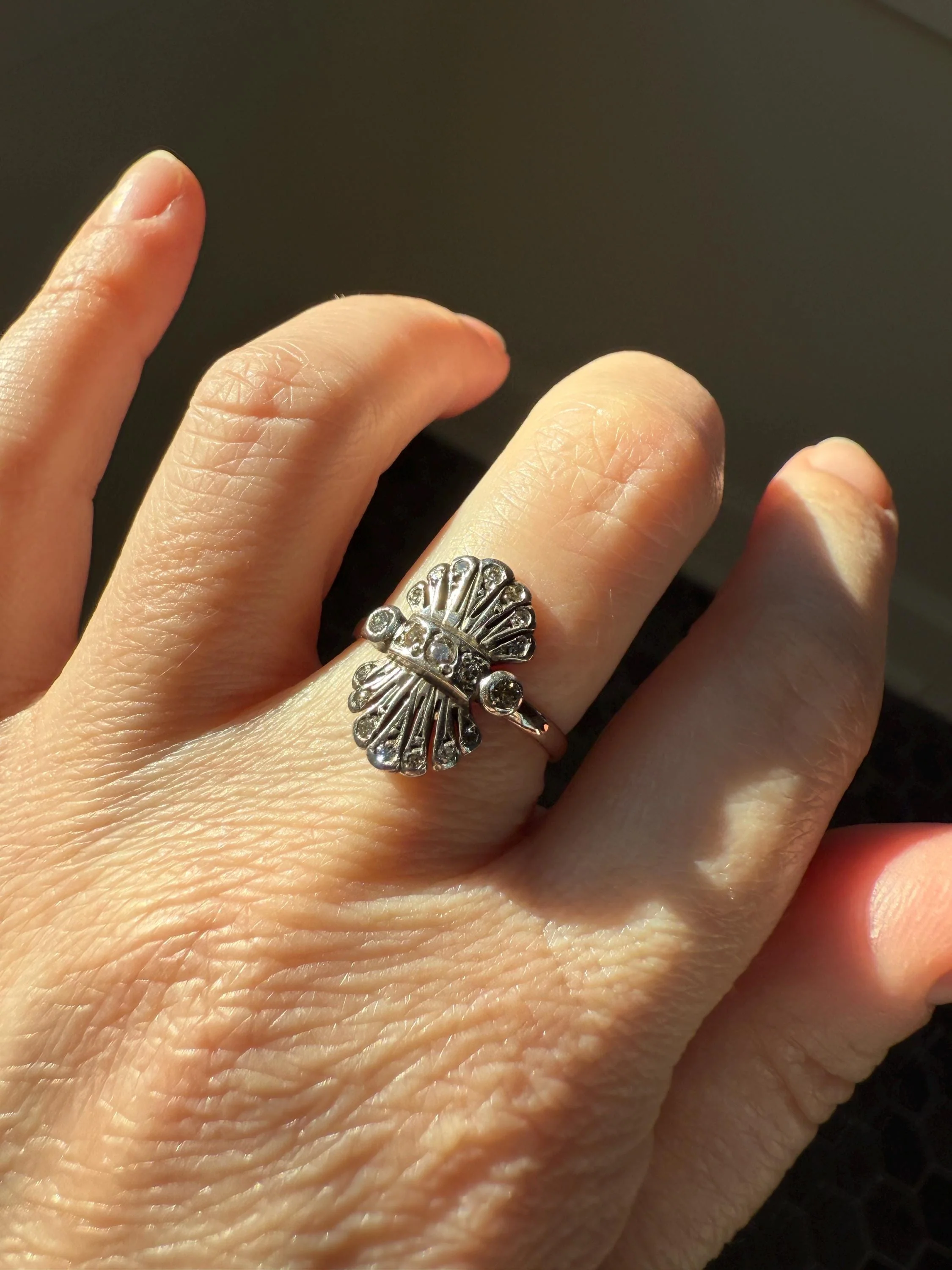Antique Fan Feather Art Deco Natural Diamond Figural Ring 14k Gold Solid Silver Architectural - Image 6