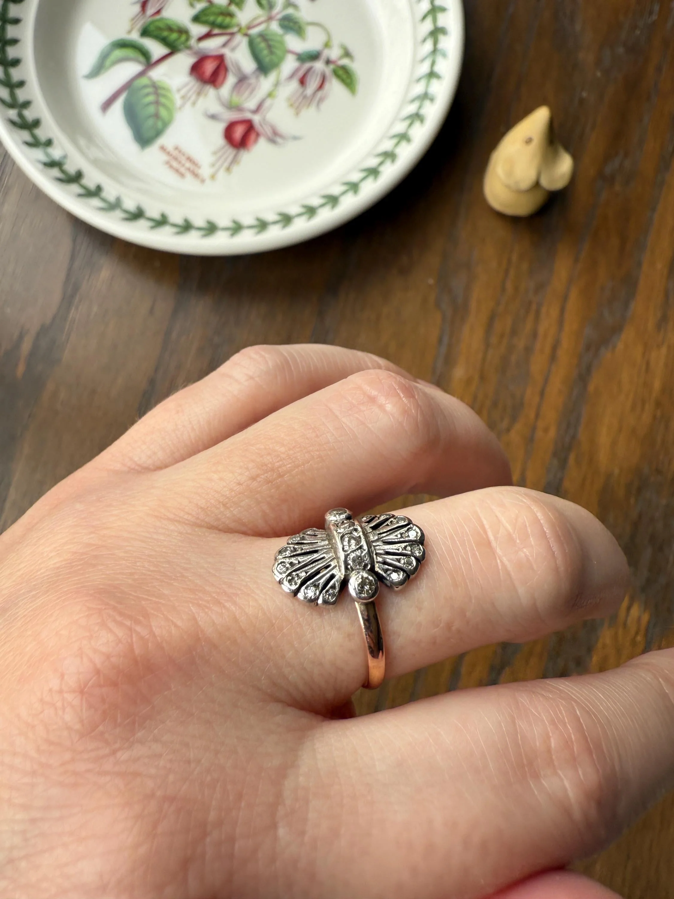 Antique Fan Feather Art Deco Natural Diamond Figural Ring 14k Gold Solid Silver Architectural - Image 7
