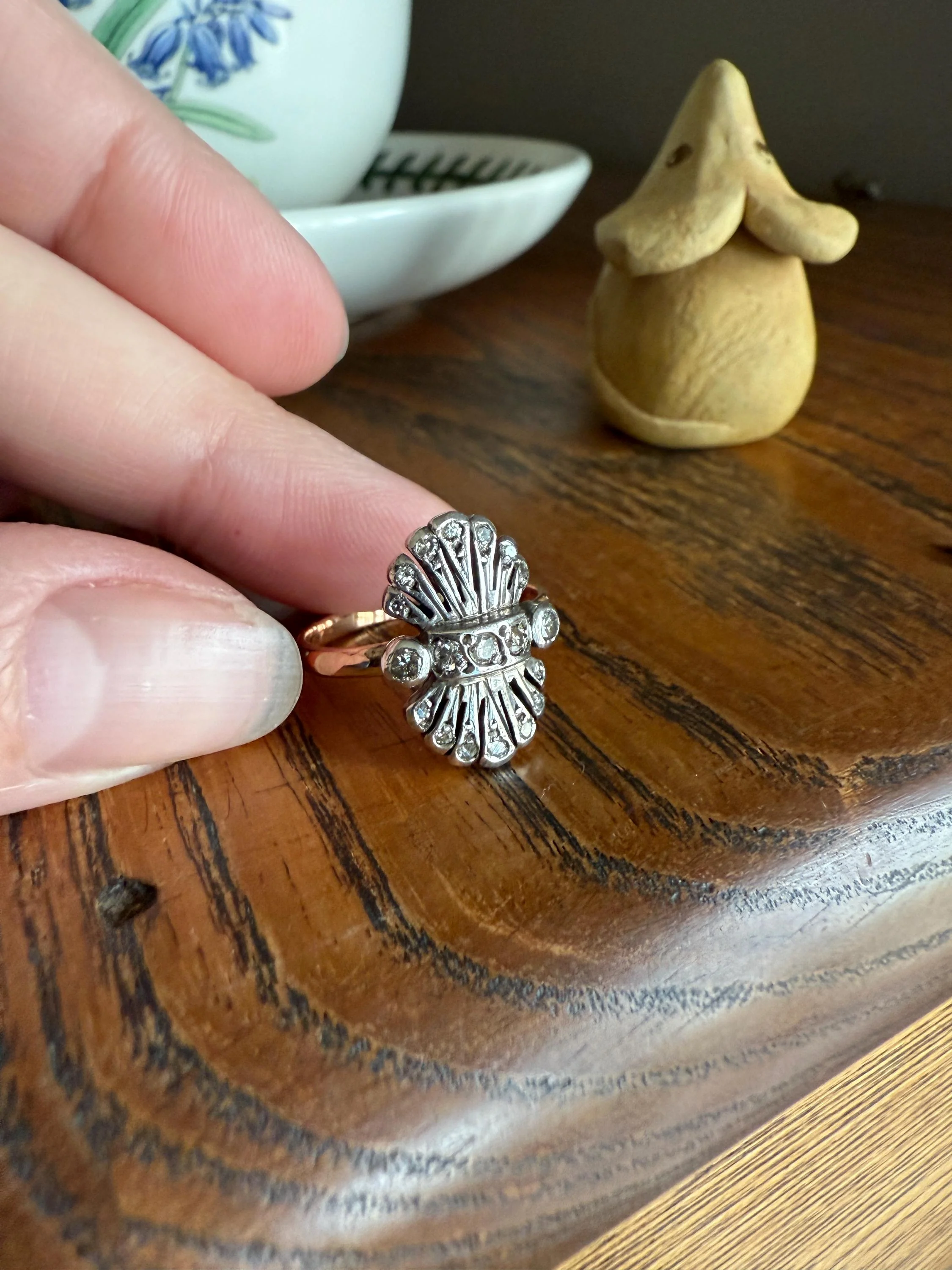 Antique Fan Feather Art Deco Natural Diamond Figural Ring 14k Gold Solid Silver Architectural - Image 9