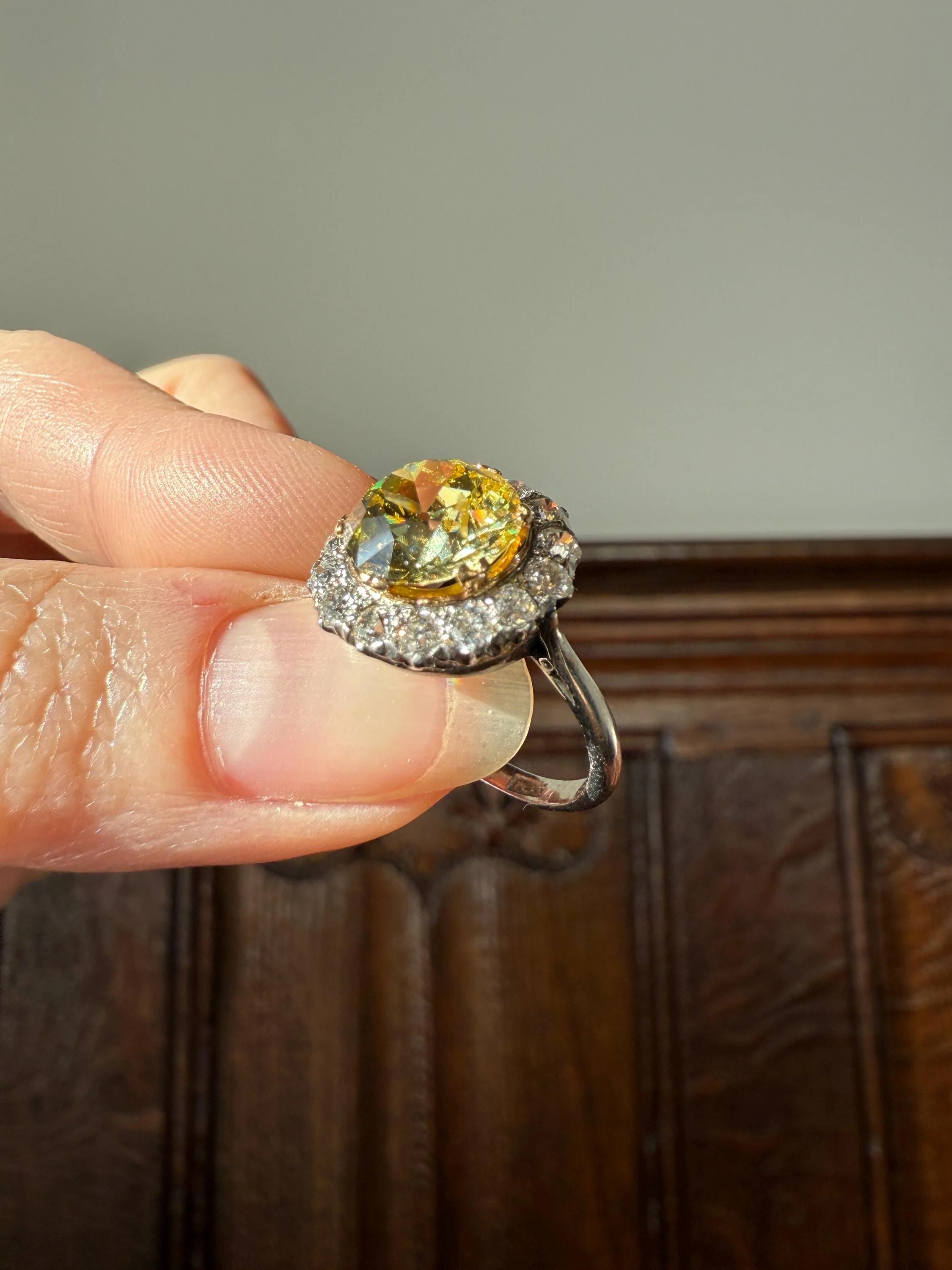 ANTIQUE Fancy Canary Yellow 2.9 Carat Old Mine Cut Diamond Colorless OMC Halo 3.65Ctw Cluster Ring Edwardian Platinum - Image 15