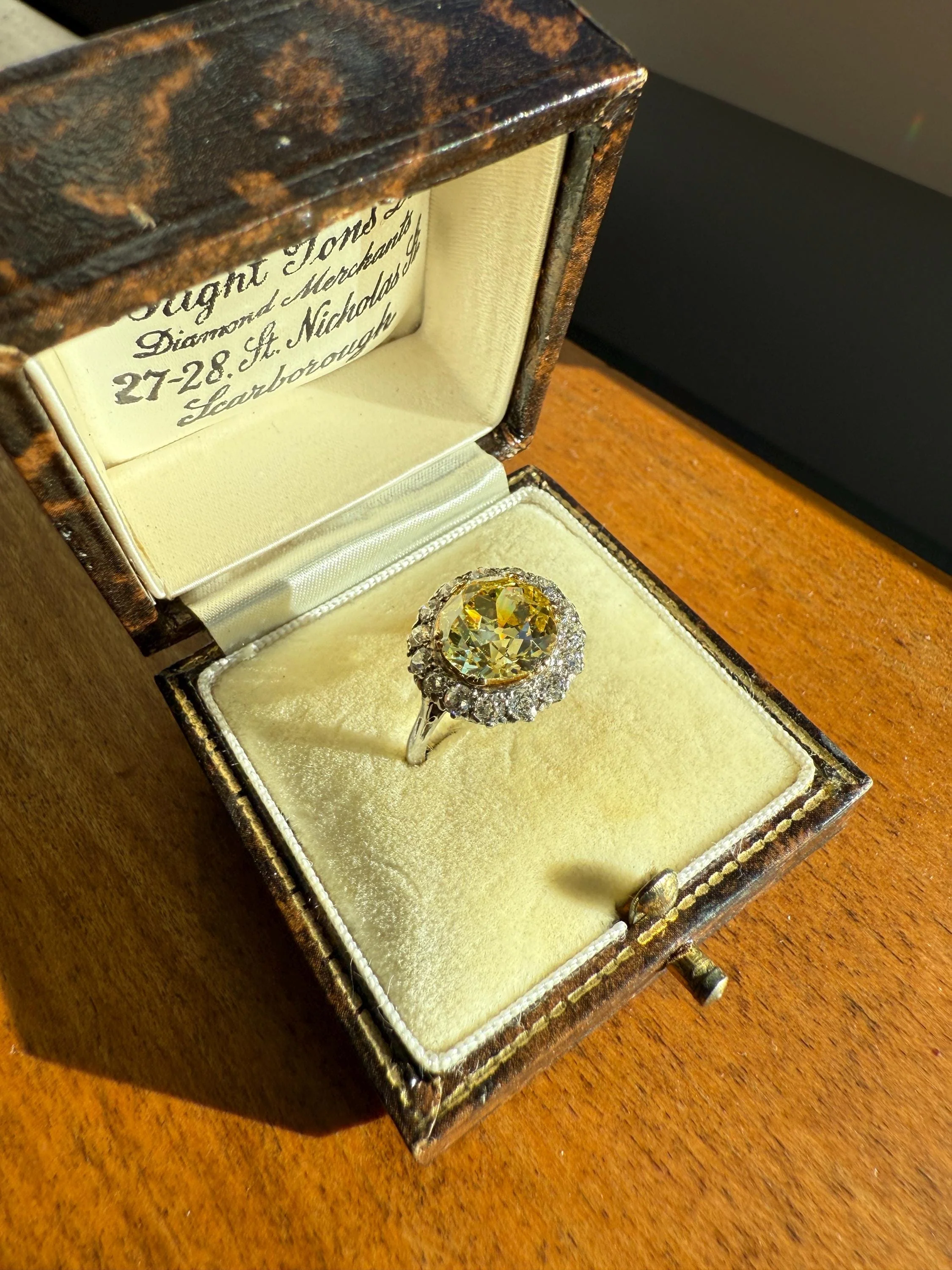 ANTIQUE Fancy Canary Yellow 2.9 Carat Old Mine Cut Diamond Colorless OMC Halo 3.65Ctw Cluster Ring Edwardian Platinum - Image 16