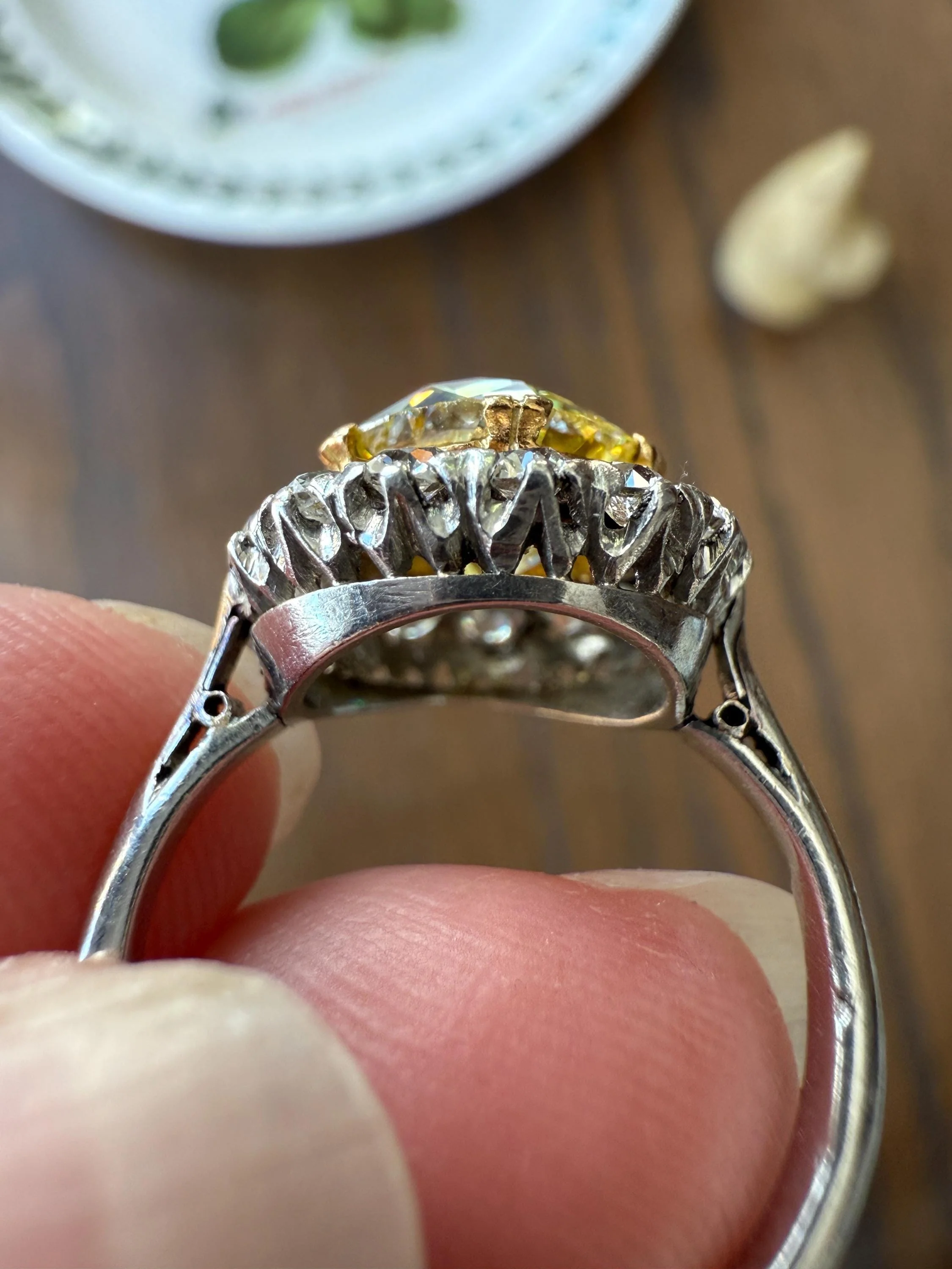 ANTIQUE Fancy Canary Yellow 2.9 Carat Old Mine Cut Diamond Colorless OMC Halo 3.65Ctw Cluster Ring Edwardian Platinum - Image 20