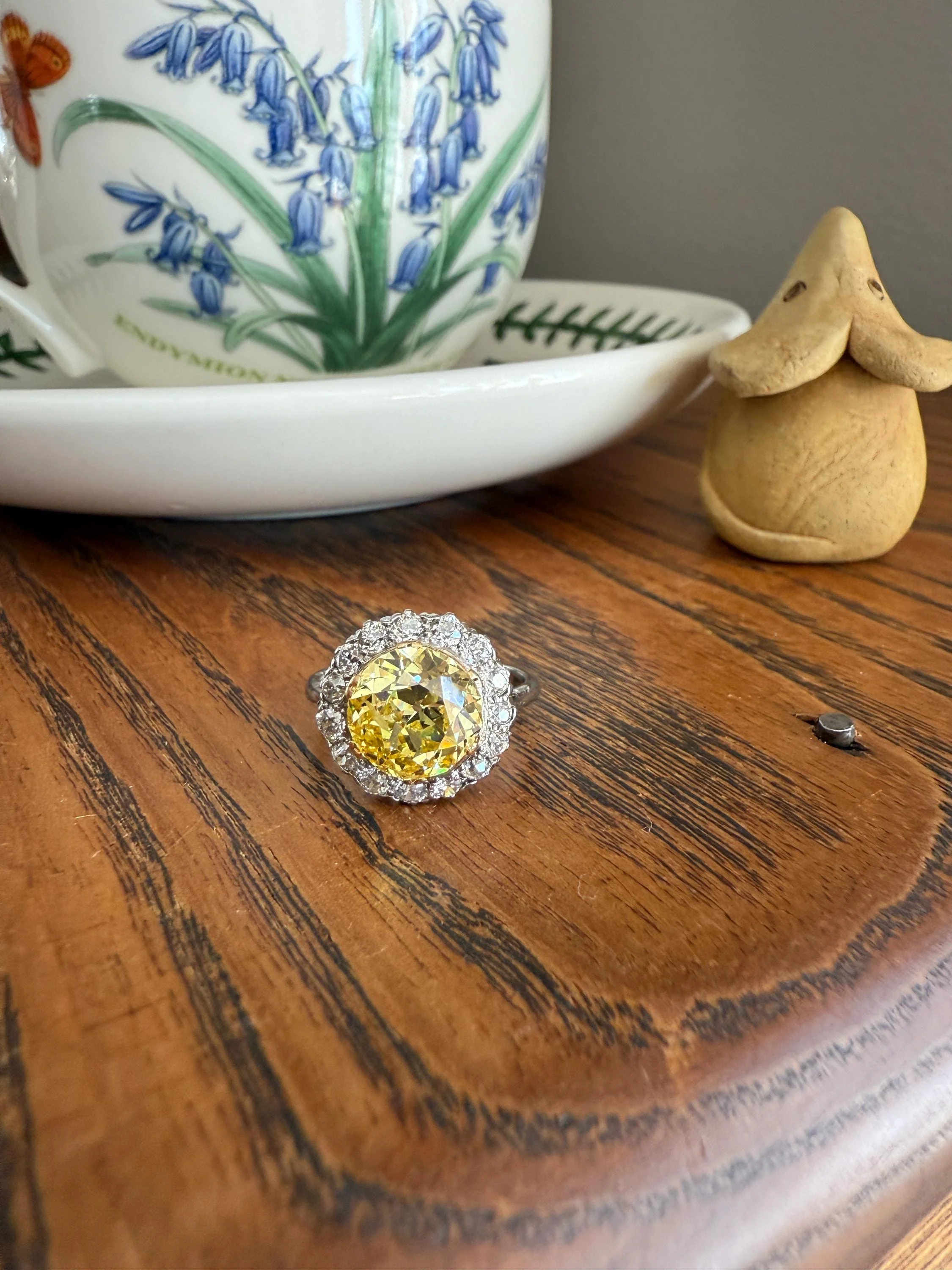 ANTIQUE Fancy Canary Yellow 2.9 Carat Old Mine Cut Diamond Colorless OMC Halo 3.65Ctw Cluster Ring Edwardian Platinum - Image 21