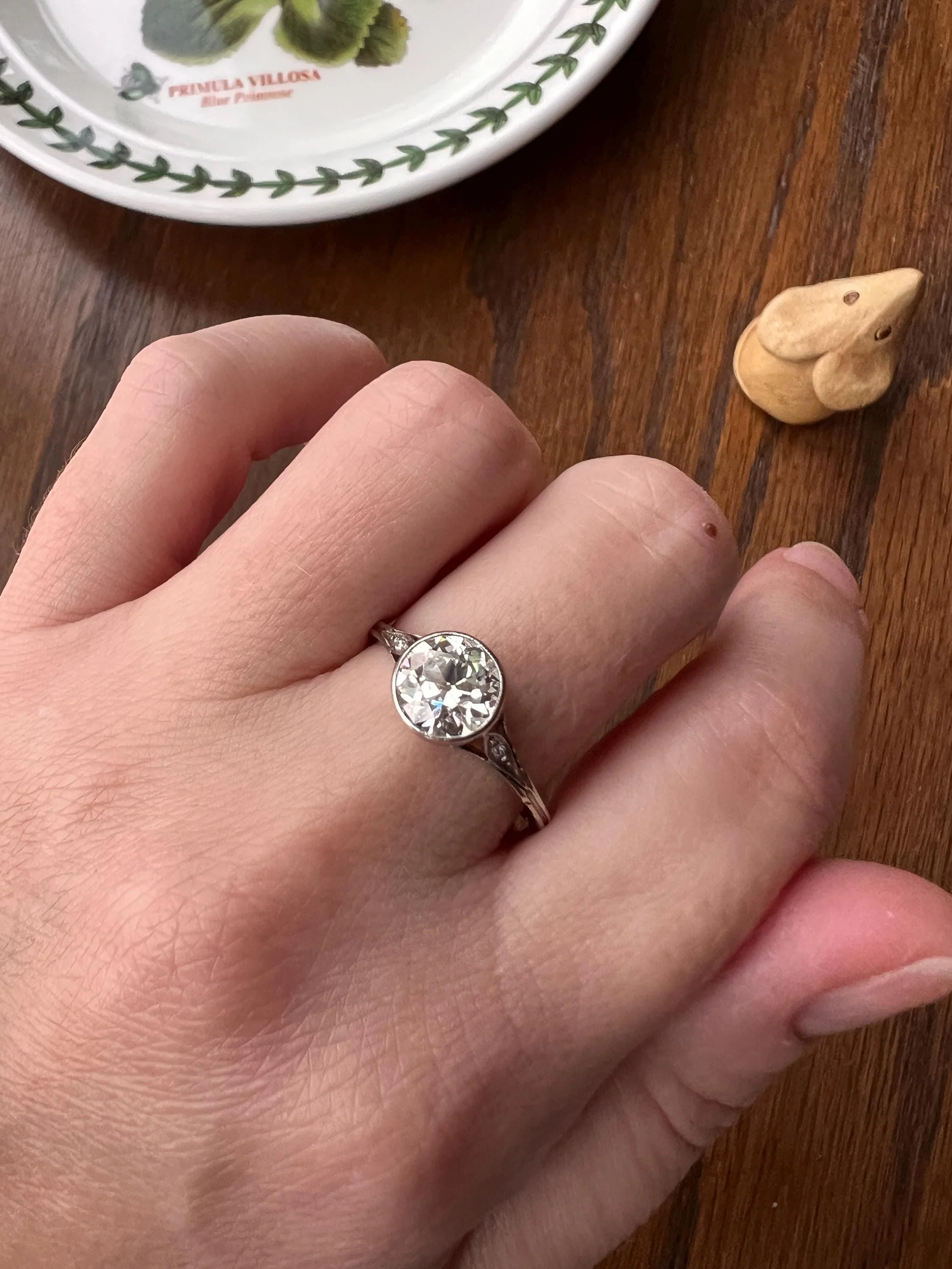 Antique Fiery 1.6 CARAT Old European Cut DIAMOND Bezel Set PLATINUM Solitaire Engagement Ring French Edwardian - Image 2