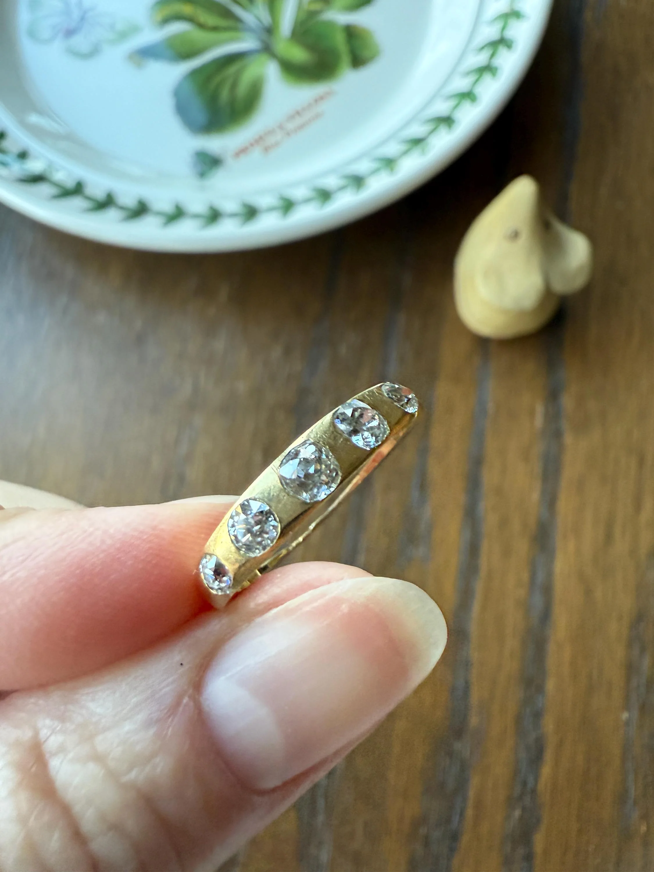 Antique Five Stone 0.7 Carat Old Mine Cut DIAMOND 18k Gold Solid Skinny Stacker Band Flush Mount Flat Edge Sliced .7Ctw - Image 10