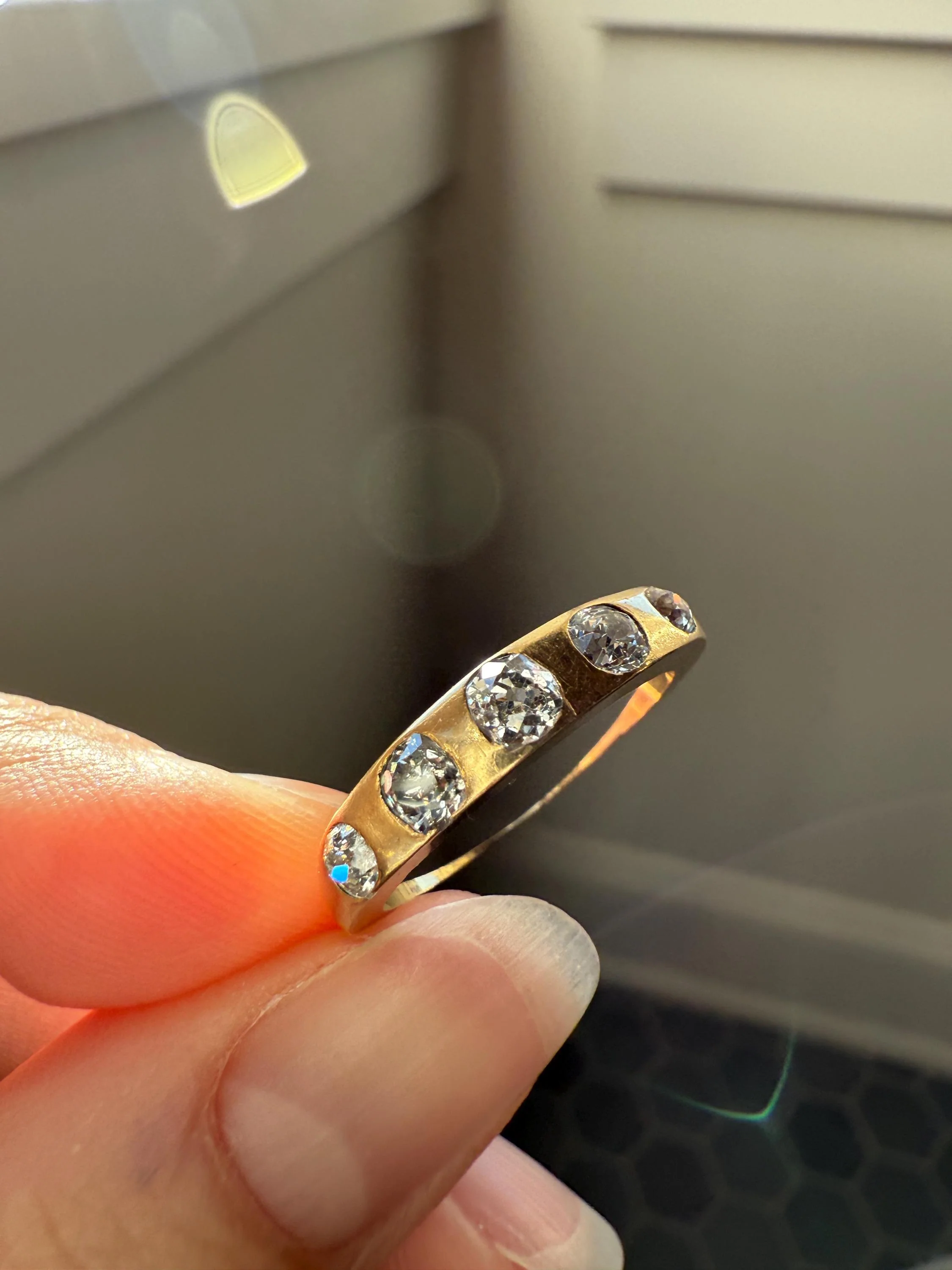 Antique Five Stone 0.7 Carat Old Mine Cut DIAMOND 18k Gold Solid Skinny Stacker Band Flush Mount Flat Edge Sliced .7Ctw - Image 13