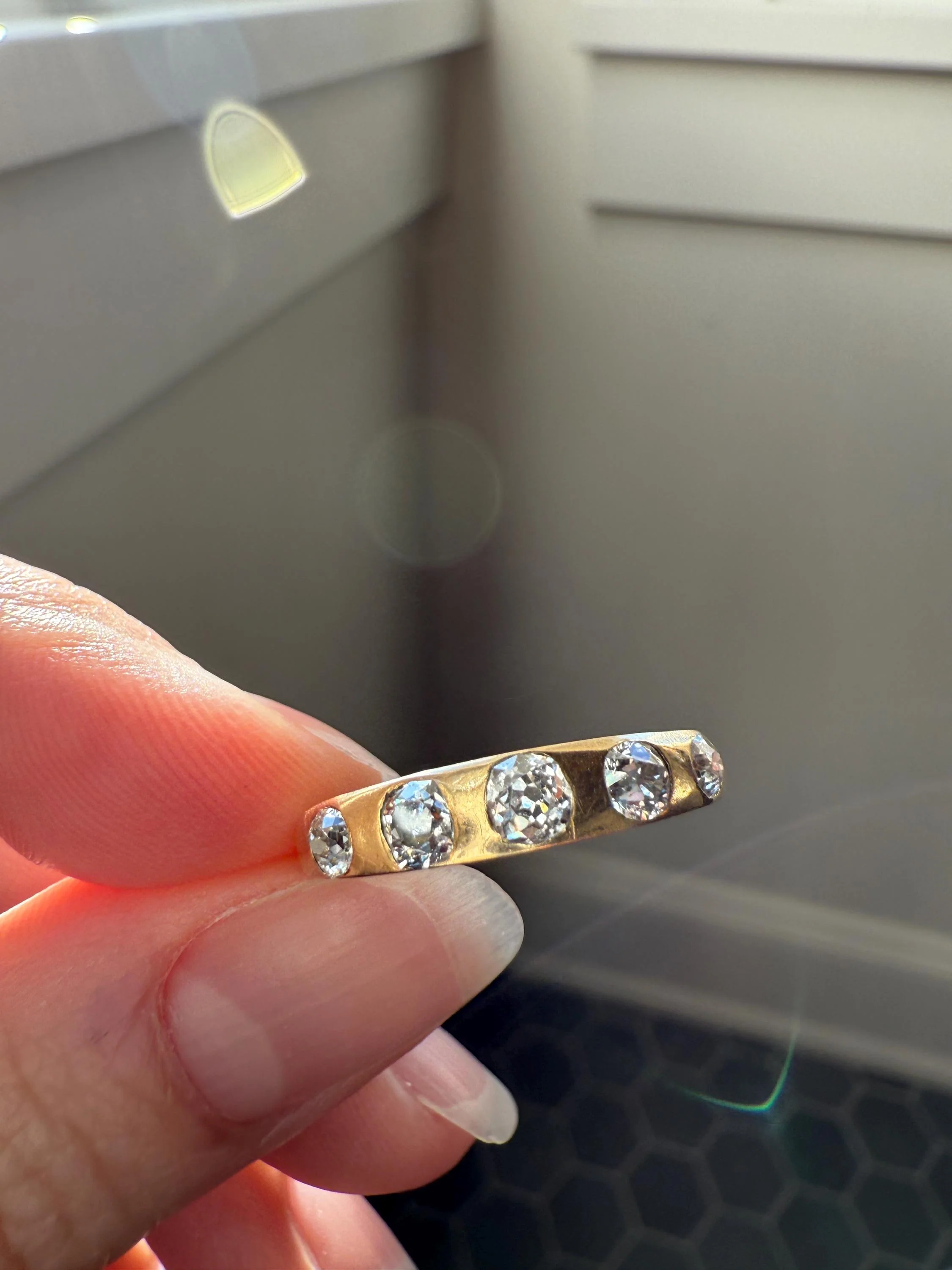 Antique Five Stone 0.7 Carat Old Mine Cut DIAMOND 18k Gold Solid Skinny Stacker Band Flush Mount Flat Edge Sliced .7Ctw - Image 8