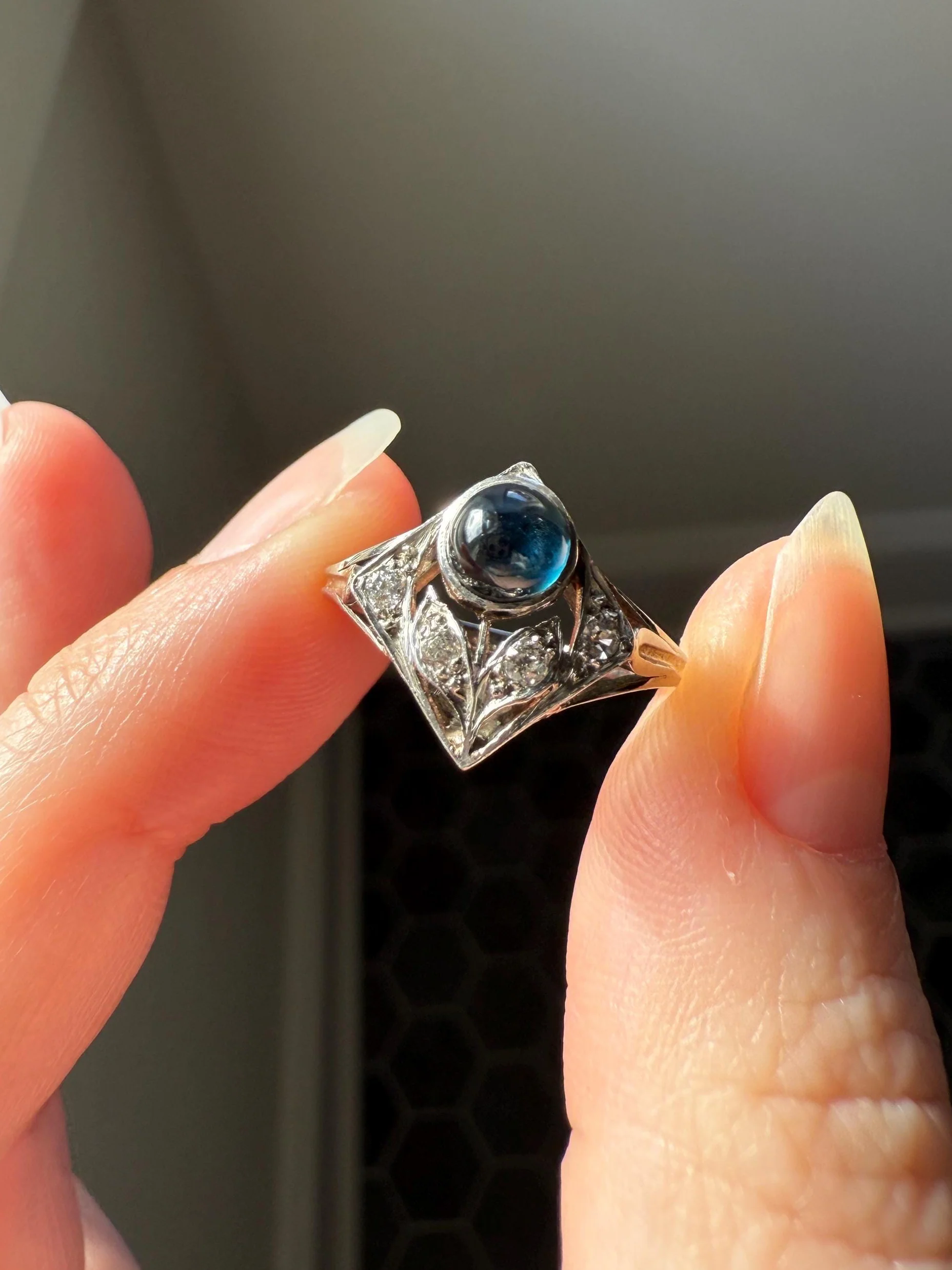 Antique FLOWER Glowing Blue Natural Sapphire Old Mine Cut Diamond Panel Ring Art Deco Geometric 18k White Gold