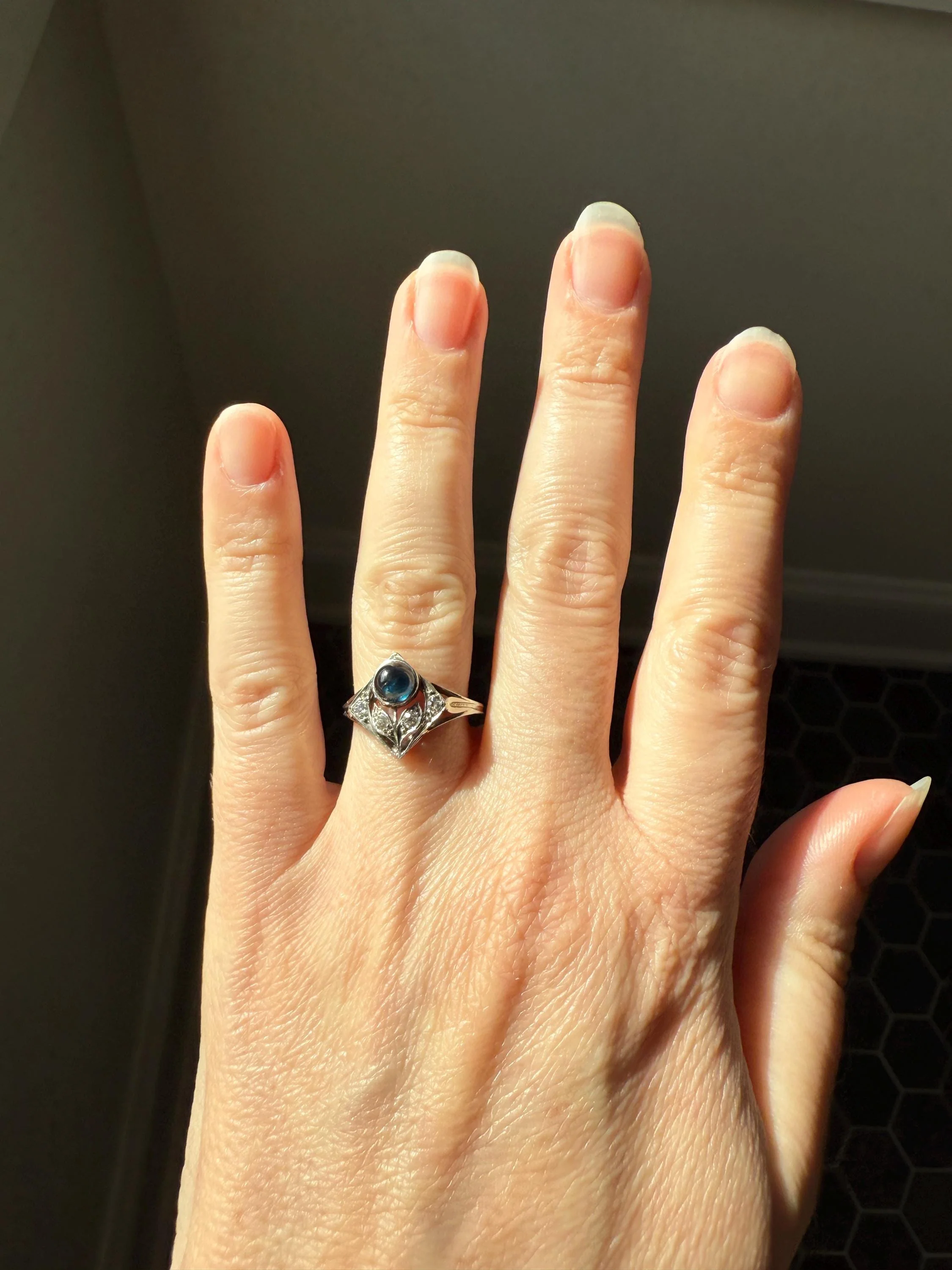 Antique FLOWER Glowing Blue Natural Sapphire Old Mine Cut Diamond Panel Ring Art Deco Geometric 18k White Gold - Image 12