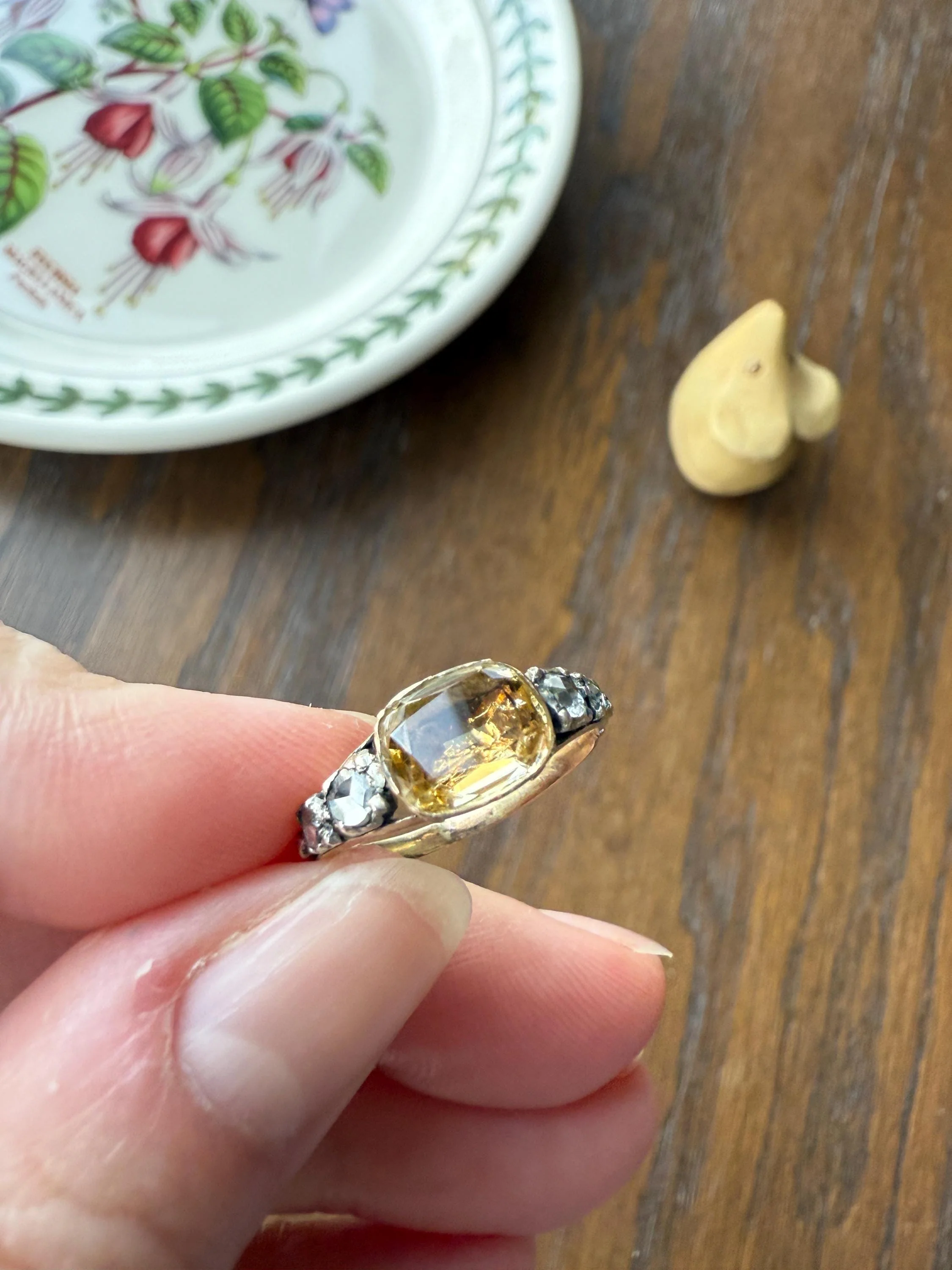 Antique Foiled CITRINE Sunny Yellow Rose Cut Diamond Ring Georgian Era Setting Button Back Ring Butt ; ) East West Elongated - Image 10