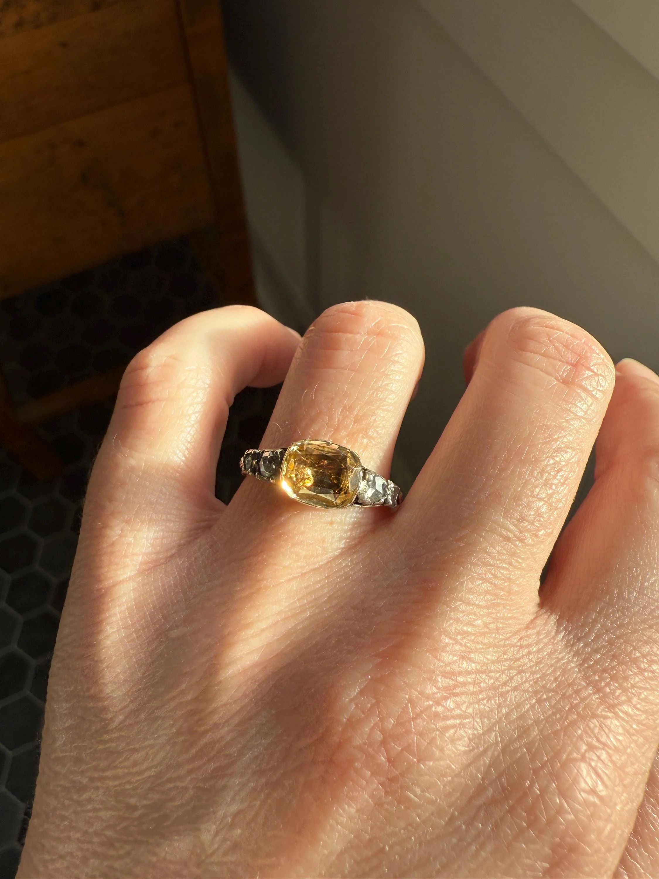 Antique Foiled CITRINE Sunny Yellow Rose Cut Diamond Ring Georgian Era Setting Button Back Ring Butt ; ) East West Elongated - Image 11