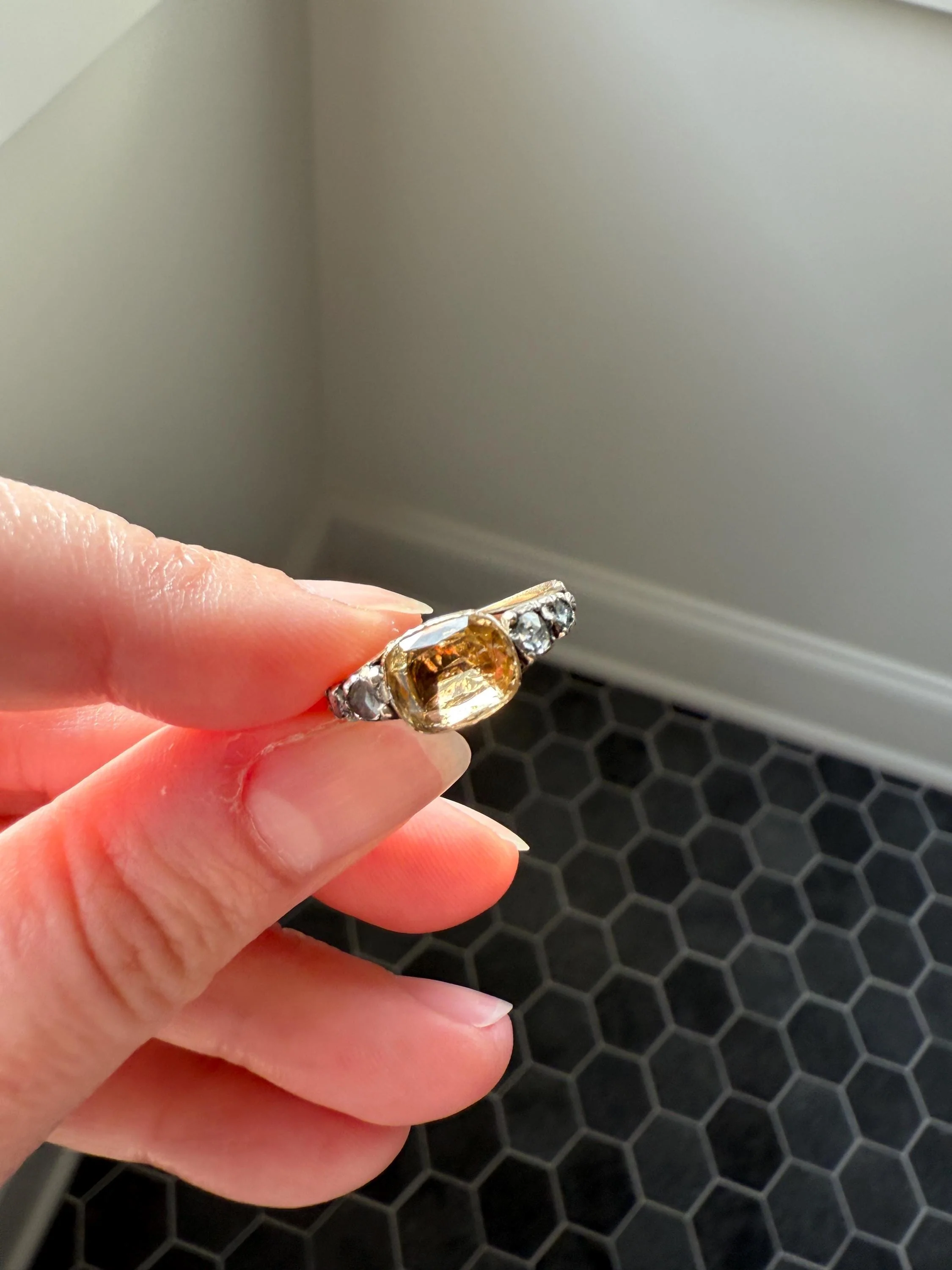 Antique Foiled CITRINE Sunny Yellow Rose Cut Diamond Ring Georgian Era Setting Button Back Ring Butt ; ) East West Elongated - Image 12