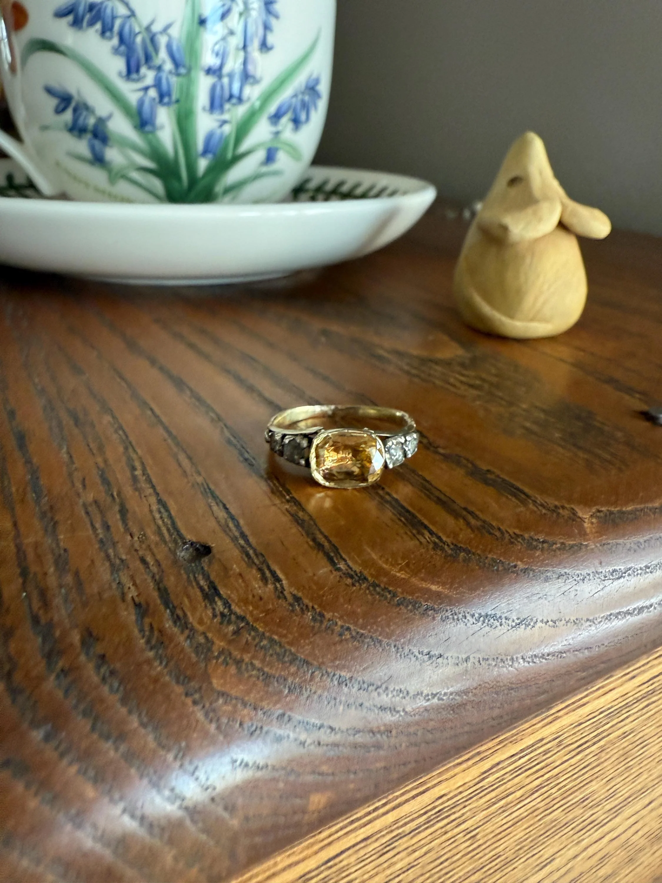 Antique Foiled CITRINE Sunny Yellow Rose Cut Diamond Ring Georgian Era Setting Button Back Ring Butt ; ) East West Elongated - Image 14