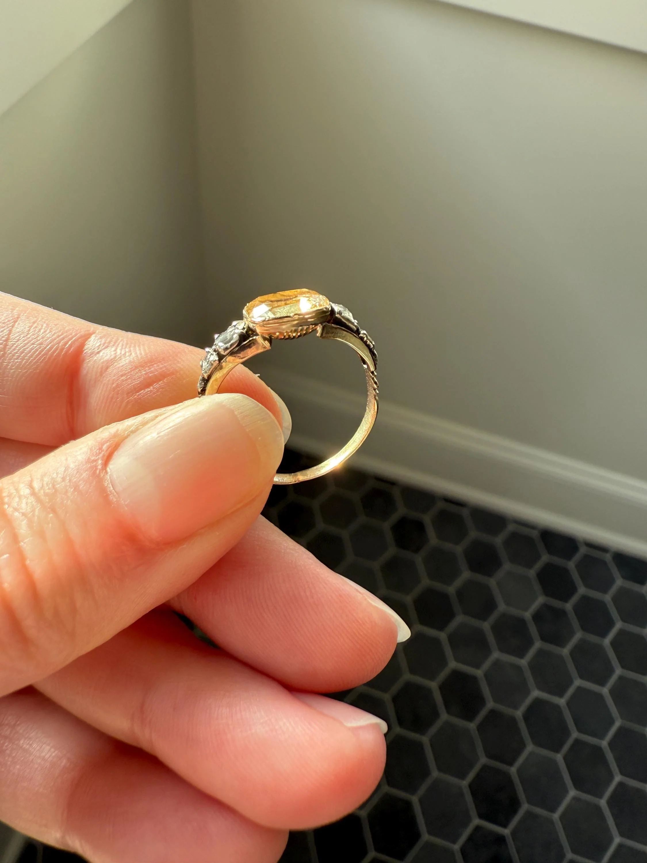 Antique Foiled CITRINE Sunny Yellow Rose Cut Diamond Ring Georgian Era Setting Button Back Ring Butt ; ) East West Elongated - Image 19