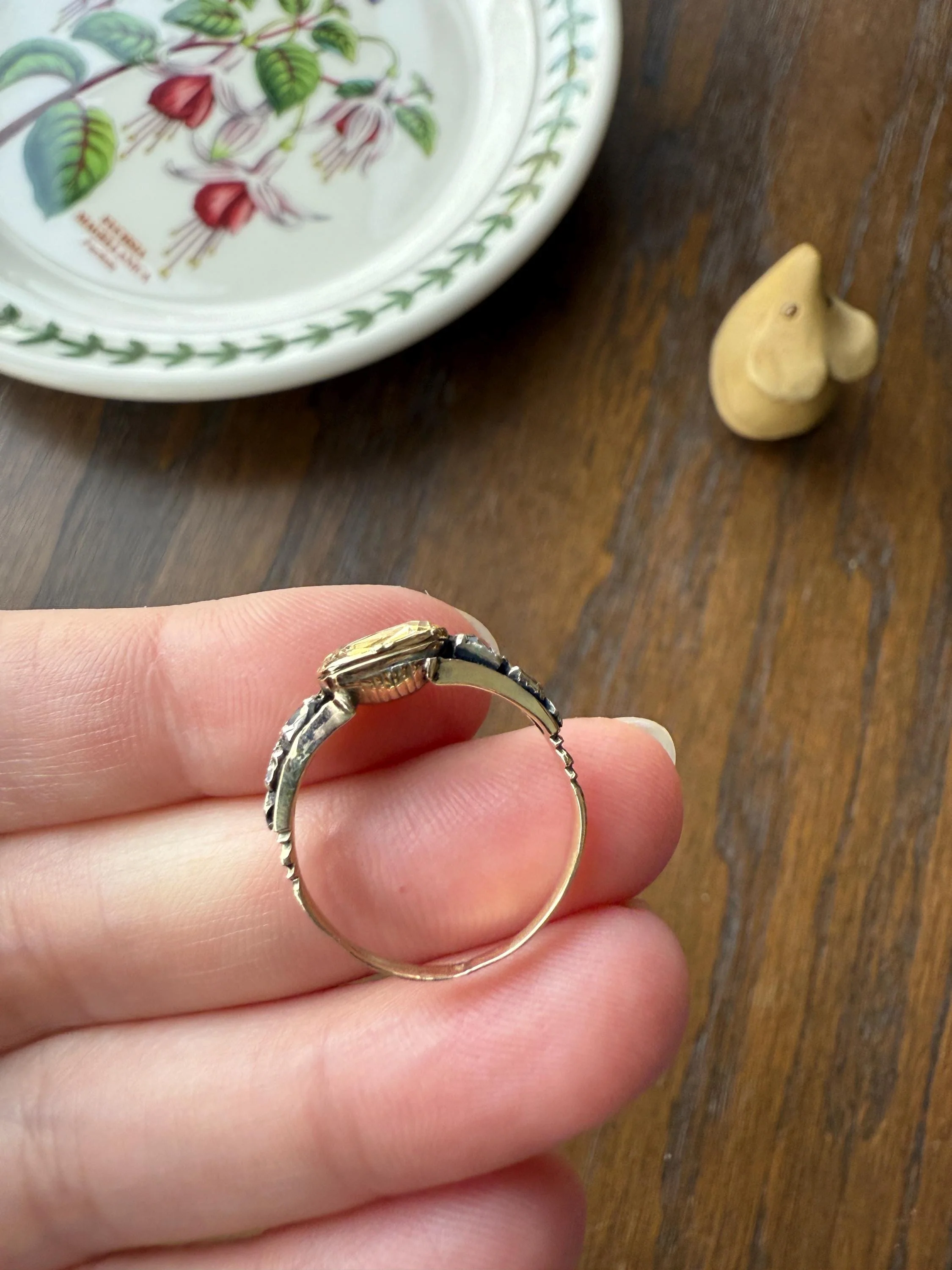 Antique Foiled CITRINE Sunny Yellow Rose Cut Diamond Ring Georgian Era Setting Button Back Ring Butt ; ) East West Elongated - Image 20