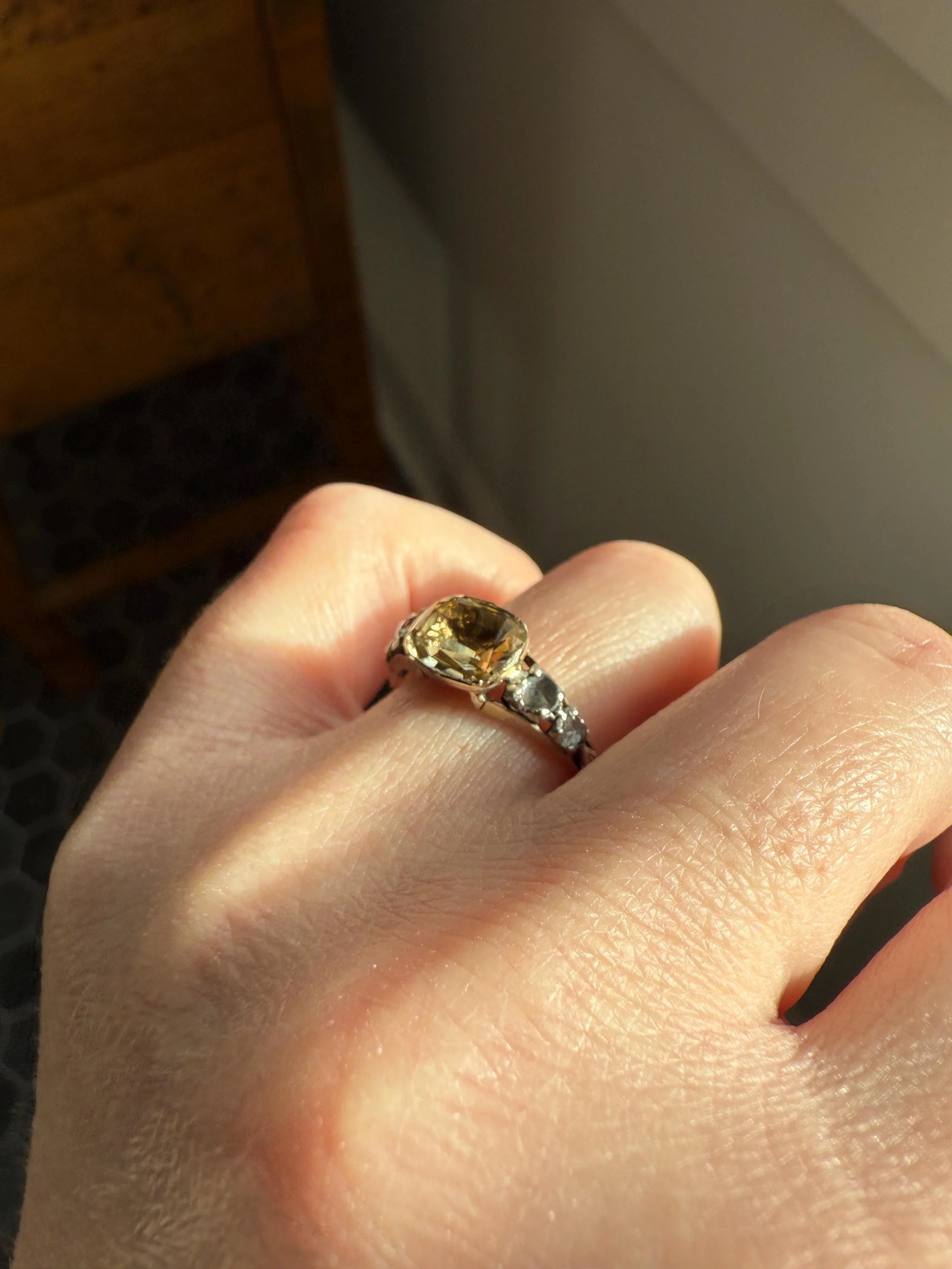 Antique Foiled CITRINE Sunny Yellow Rose Cut Diamond Ring Georgian Era Setting Button Back Ring Butt ; ) East West Elongated - Image 21