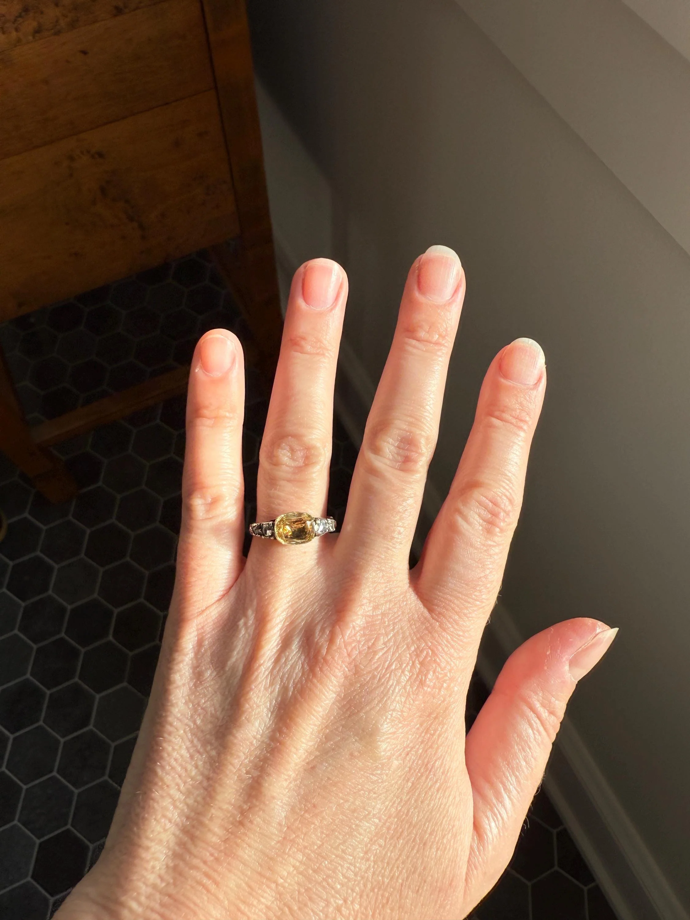 Antique Foiled CITRINE Sunny Yellow Rose Cut Diamond Ring Georgian Era Setting Button Back Ring Butt ; ) East West Elongated - Image 3