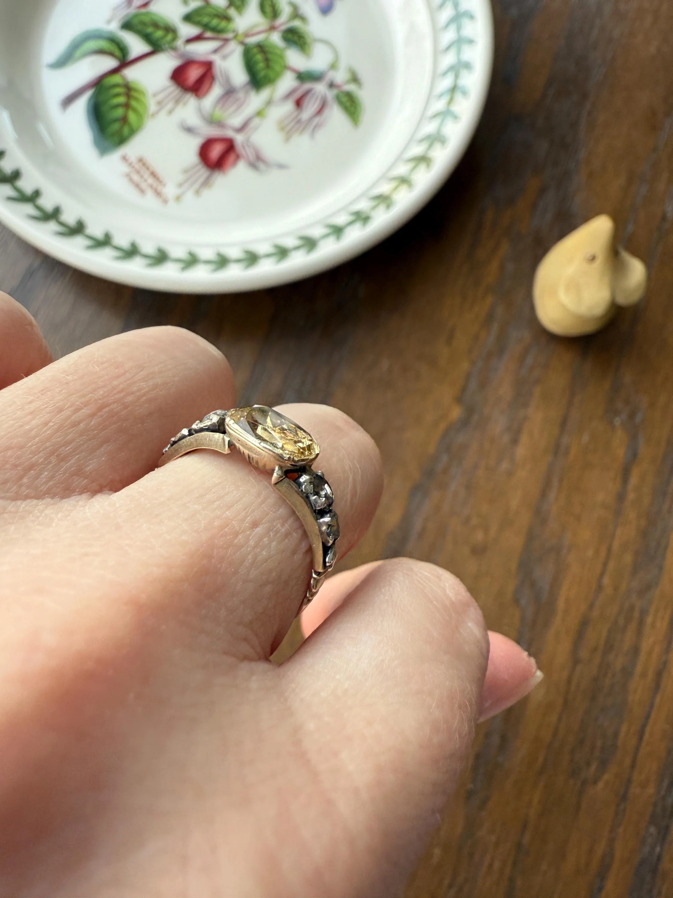 Antique Foiled CITRINE Sunny Yellow Rose Cut Diamond Ring Georgian Era Setting Button Back Ring Butt ; ) East West Elongated - Image 4