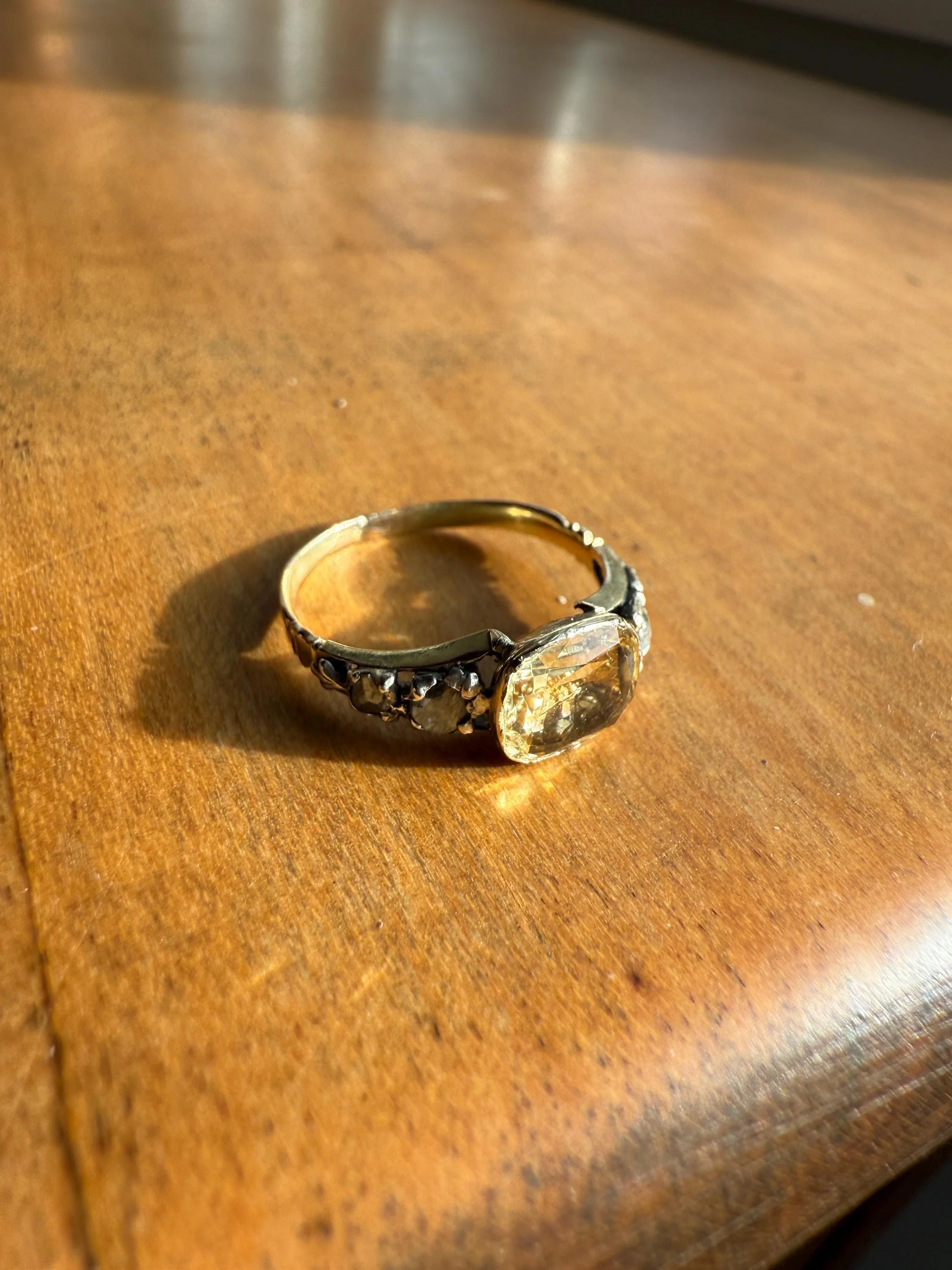 Antique Foiled CITRINE Sunny Yellow Rose Cut Diamond Ring Georgian Era Setting Button Back Ring Butt ; ) East West Elongated - Image 5