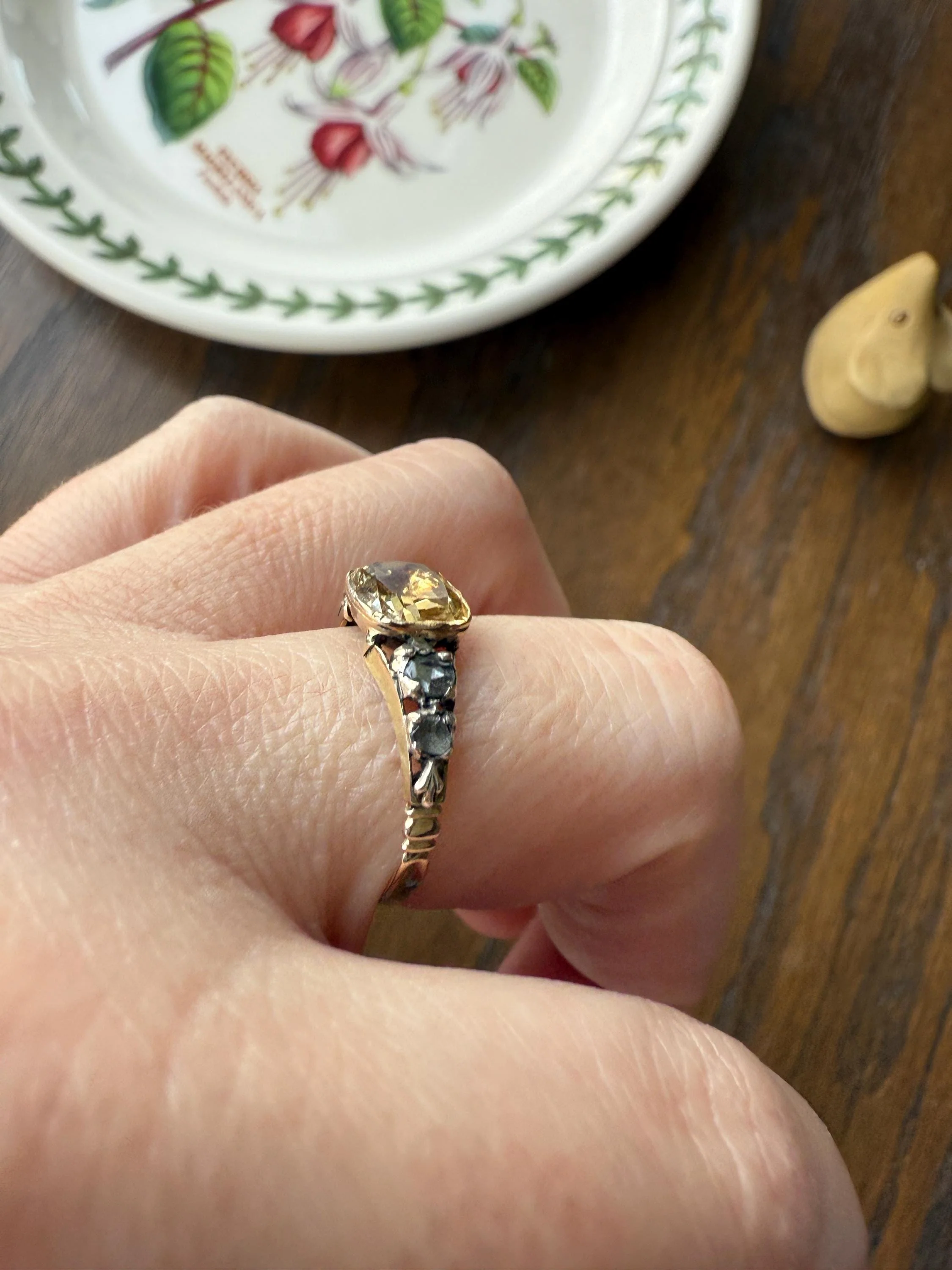 Antique Foiled CITRINE Sunny Yellow Rose Cut Diamond Ring Georgian Era Setting Button Back Ring Butt ; ) East West Elongated - Image 7