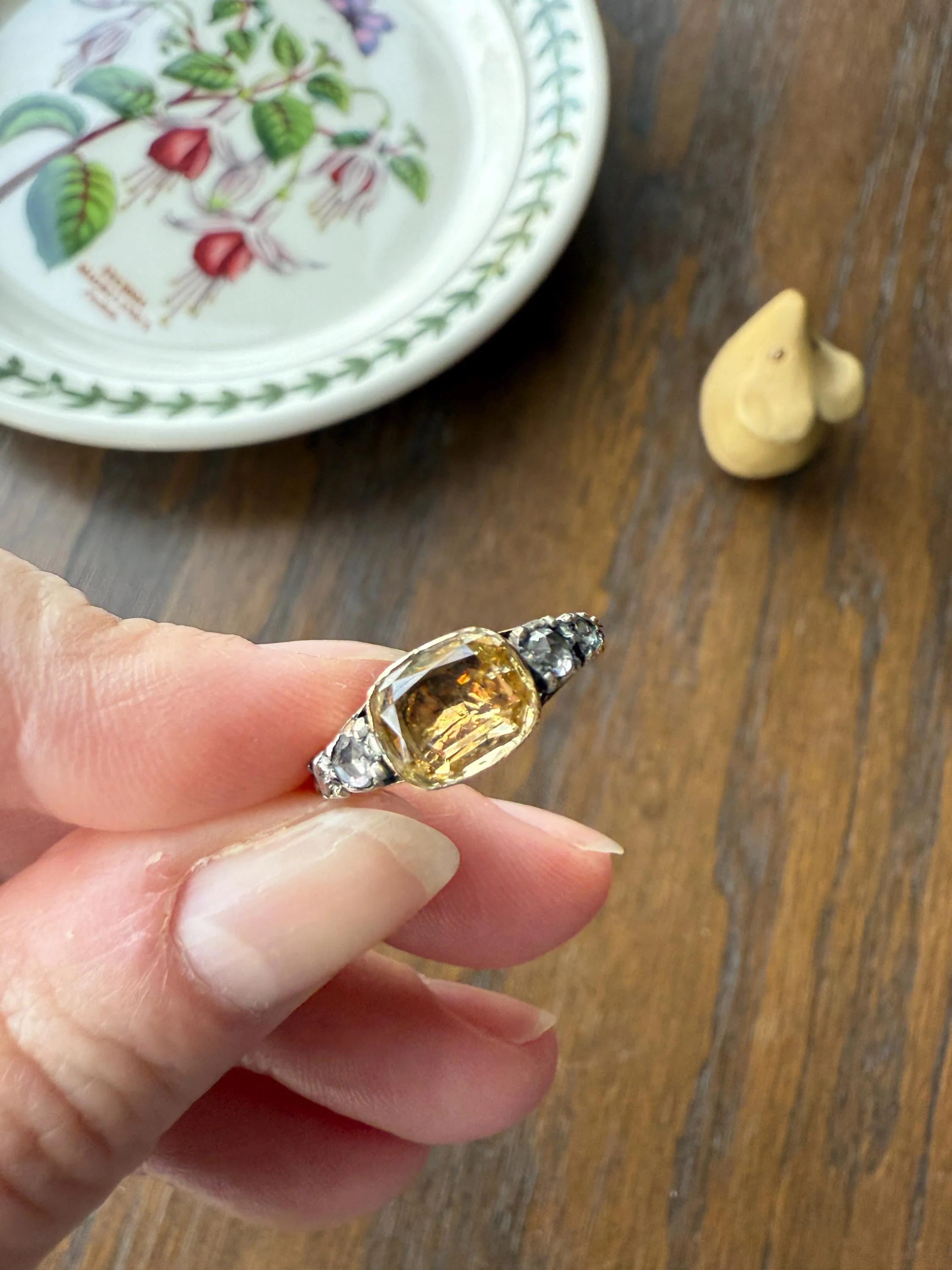 Antique Foiled CITRINE Sunny Yellow Rose Cut Diamond Ring Georgian Era Setting Button Back Ring Butt ; ) East West Elongated - Image 8