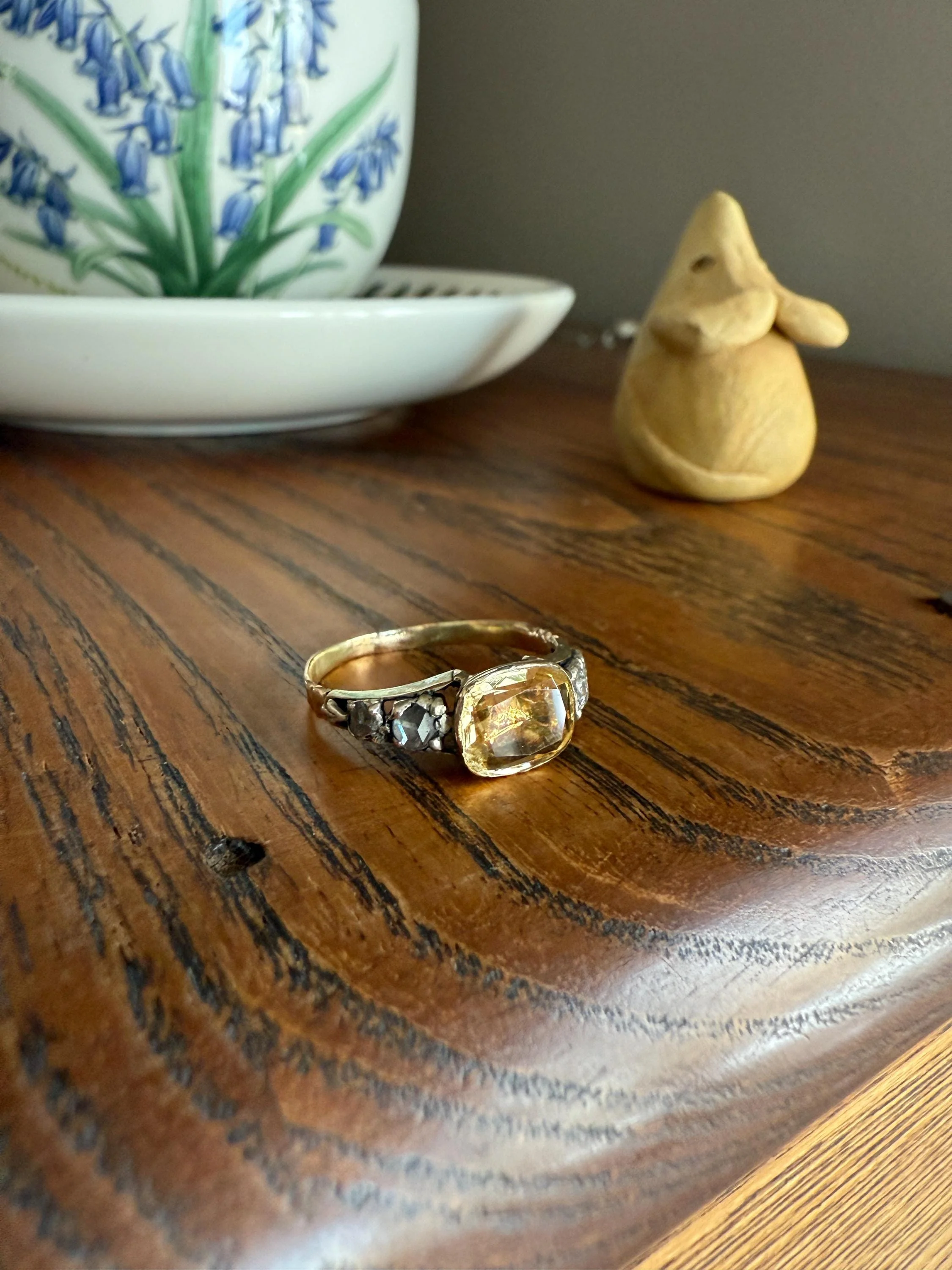 Antique Foiled CITRINE Sunny Yellow Rose Cut Diamond Ring Georgian Era Setting Button Back Ring Butt ; ) East West Elongated - Image 9