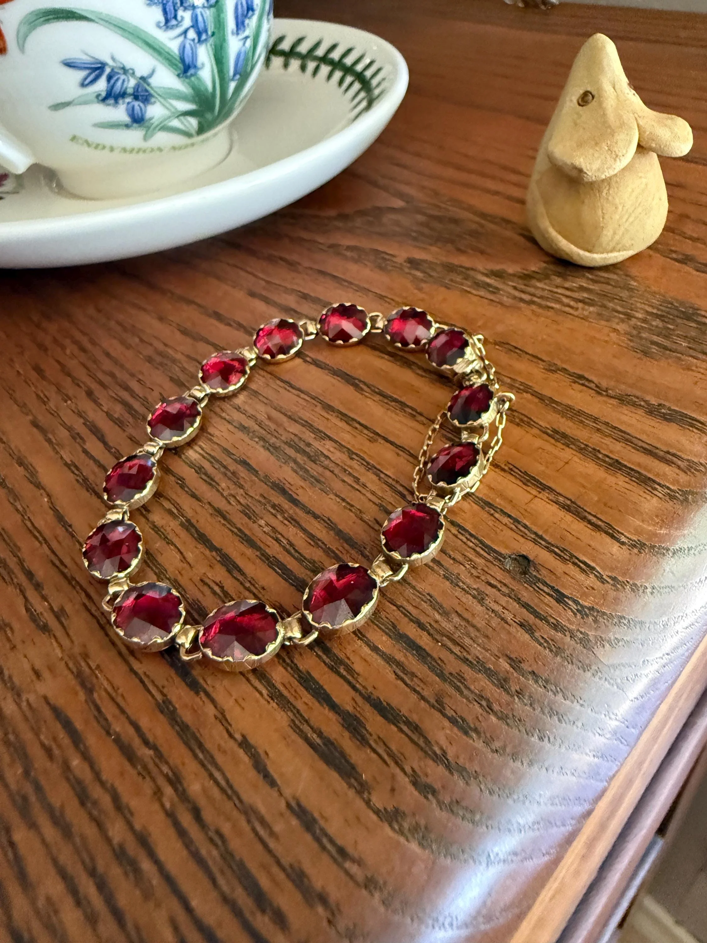 Antique French Perpignan GARNET Oval Riviere Eternity Tennis Bracelet 18k Gold Bezel Set Rose Cut Closed Back Almandine Glowing Raspberry - Image 11