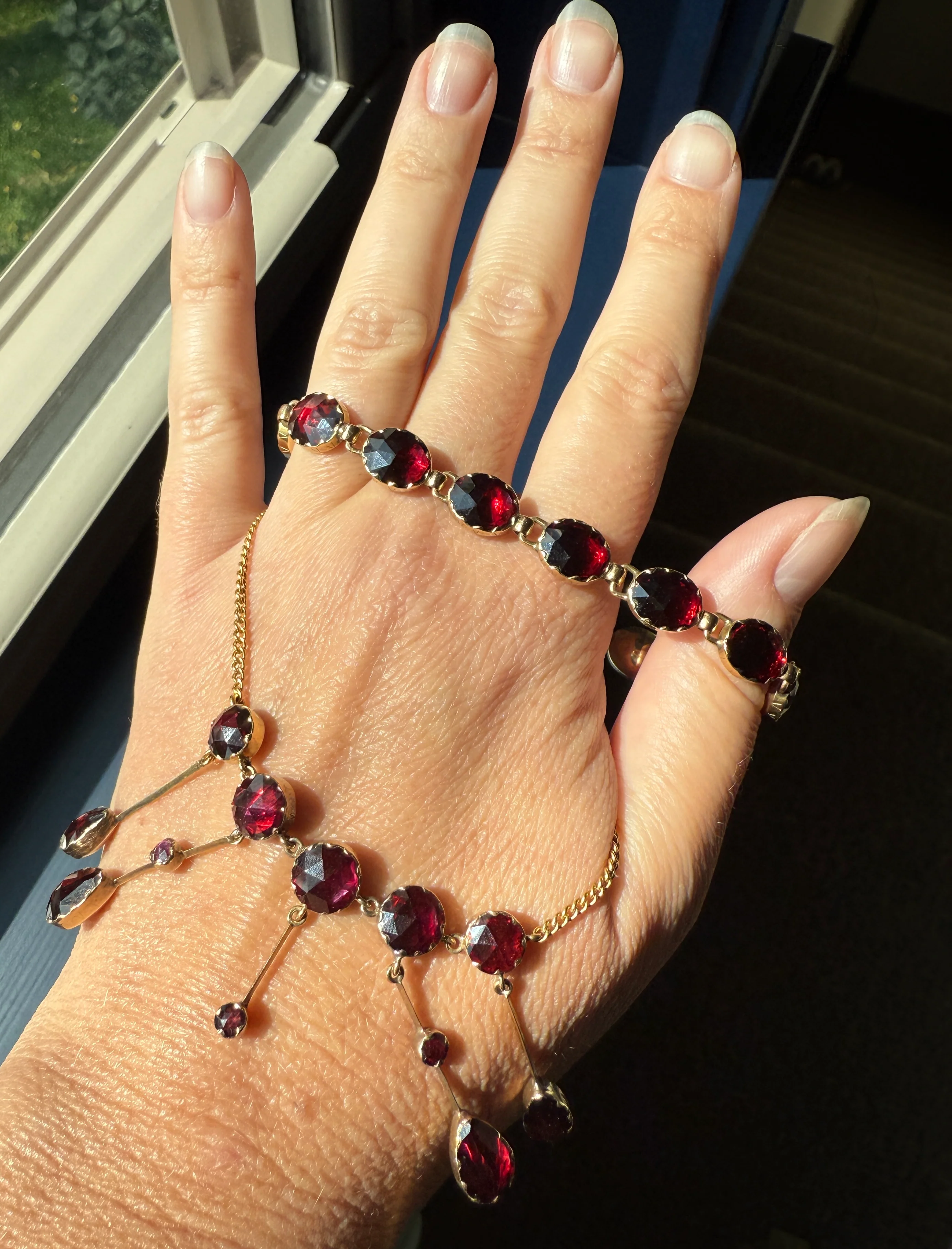 Antique French Perpignan GARNET Oval Riviere Eternity Tennis Bracelet 18k Gold Bezel Set Rose Cut Closed Back Almandine Glowing Raspberry - Image 14