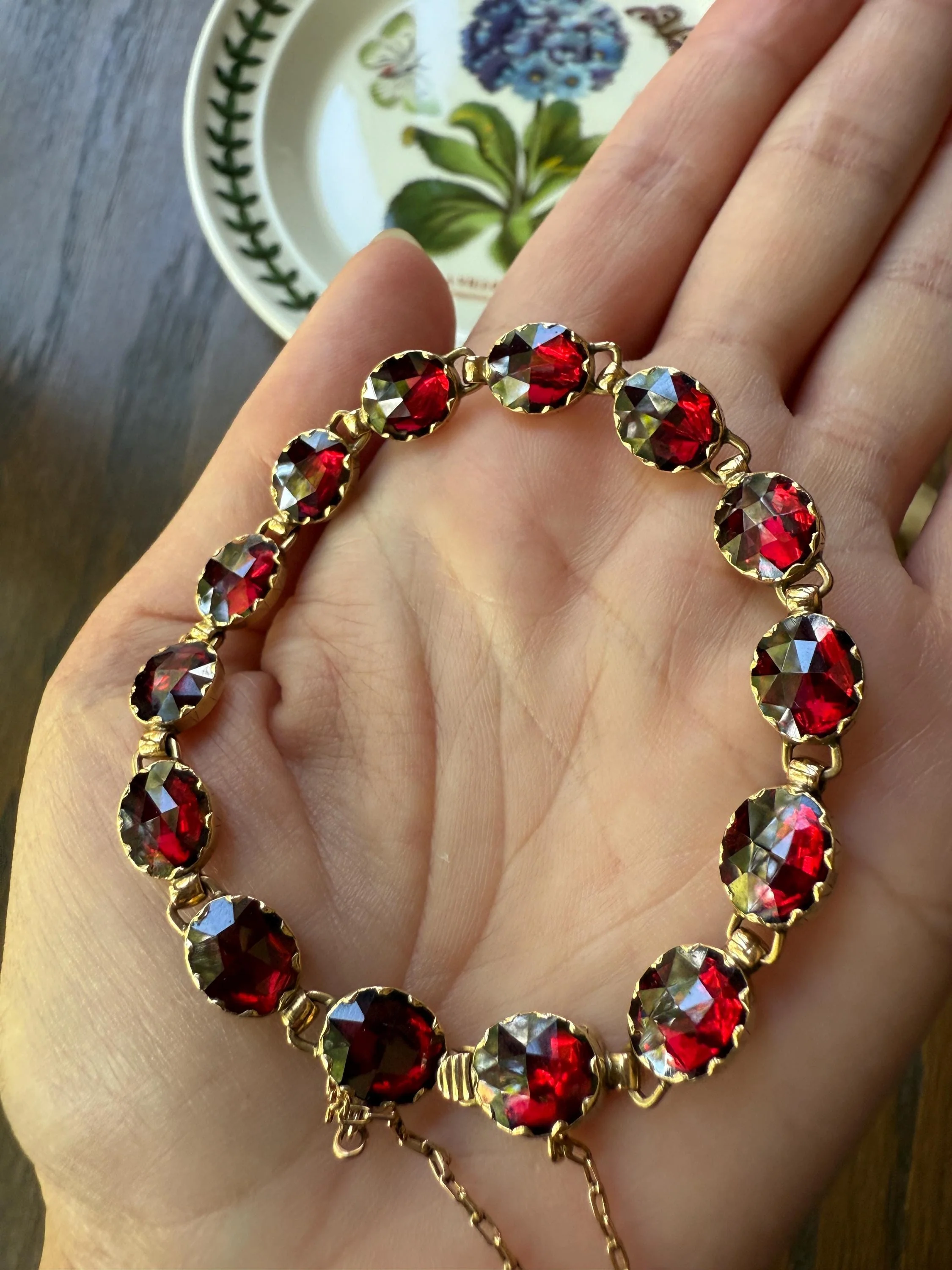 Antique French Perpignan GARNET Oval Riviere Eternity Tennis Bracelet 18k Gold Bezel Set Rose Cut Closed Back Almandine Glowing Raspberry - Image 3