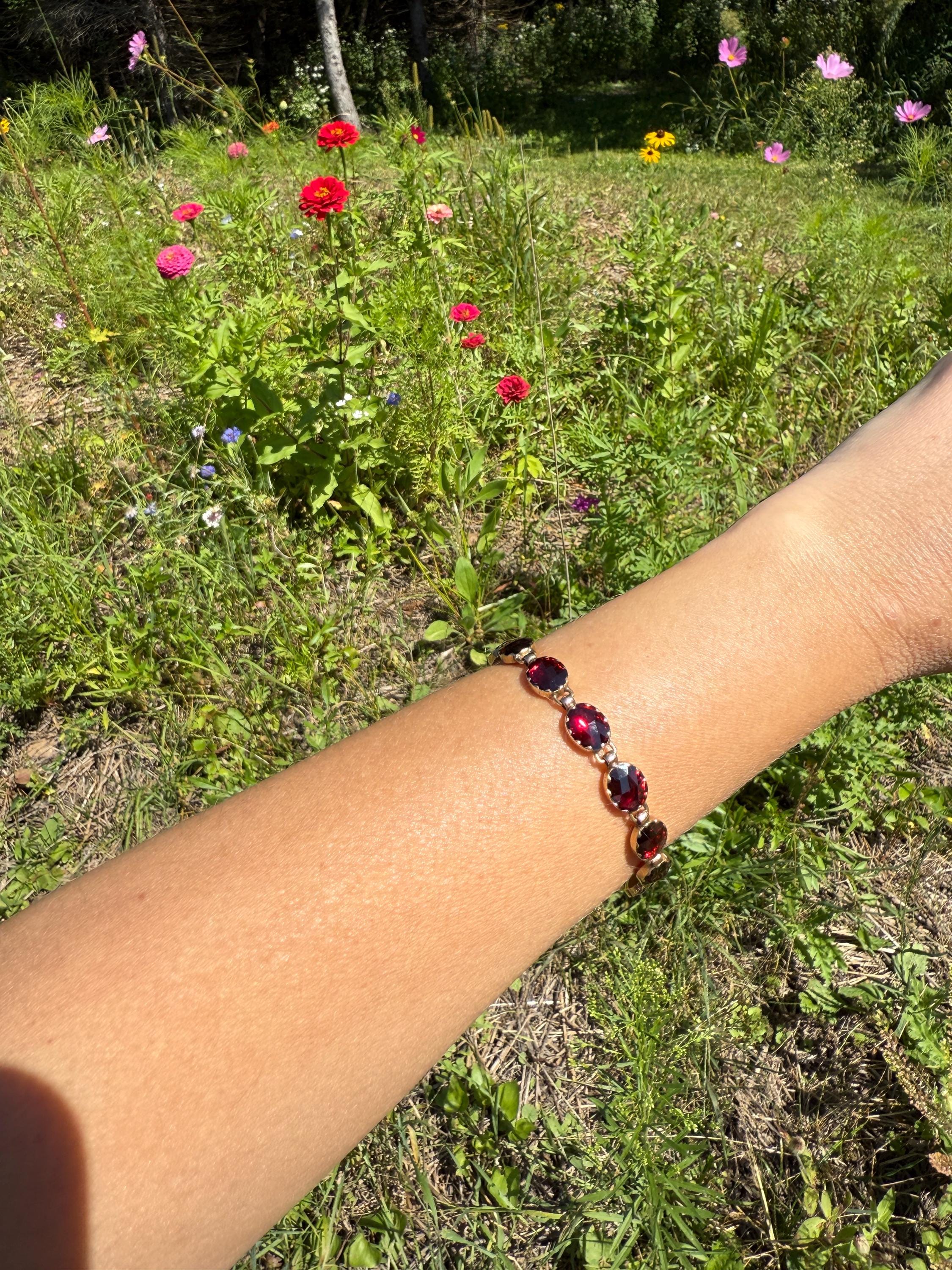 Antique French Perpignan GARNET Oval Riviere Eternity Tennis Bracelet 18k Gold Bezel Set Rose Cut Closed Back Almandine Glowing Raspberry - Image 4