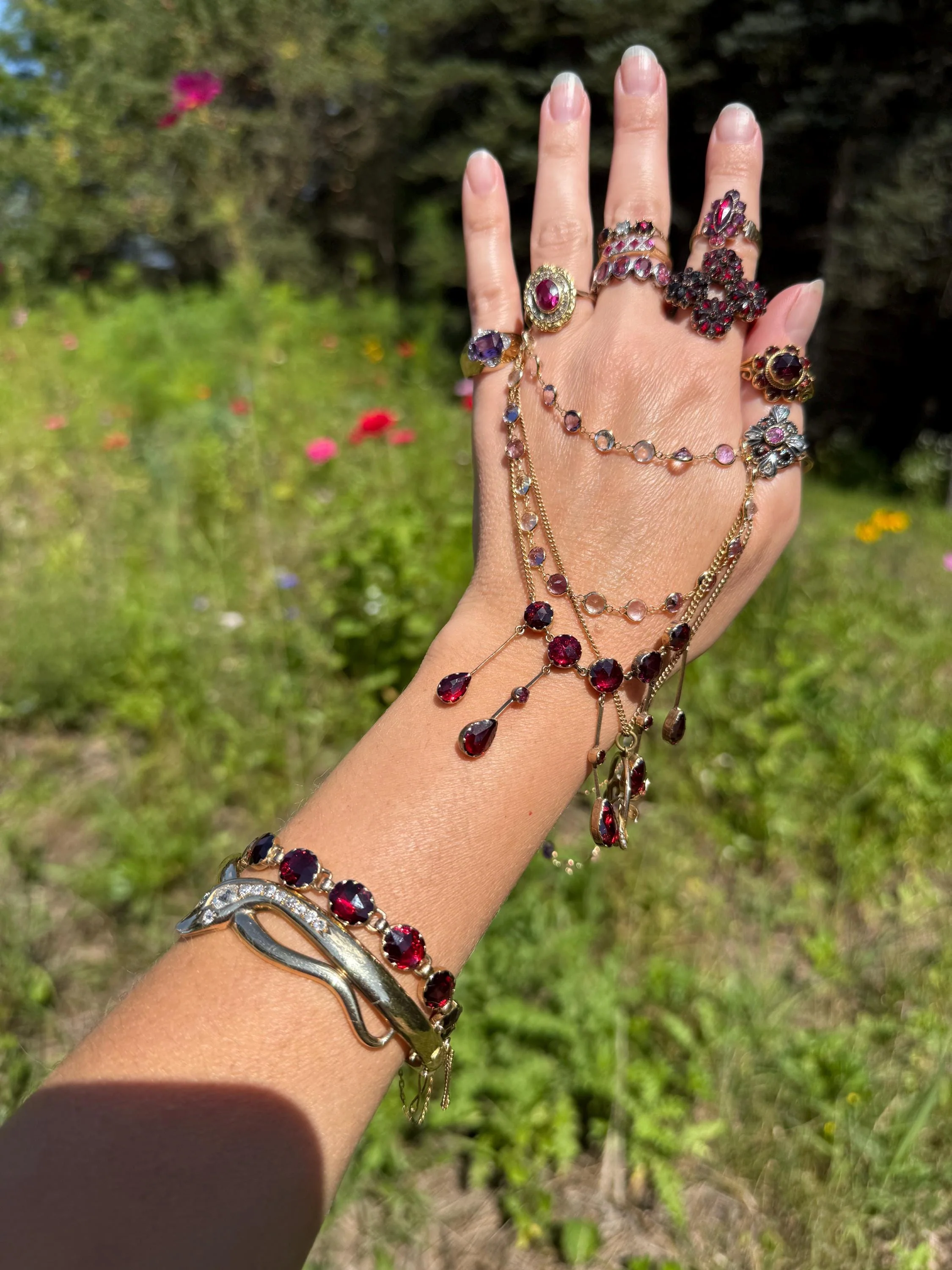 Antique French Perpignan GARNET Oval Riviere Eternity Tennis Bracelet 18k Gold Bezel Set Rose Cut Closed Back Almandine Glowing Raspberry - Image 8