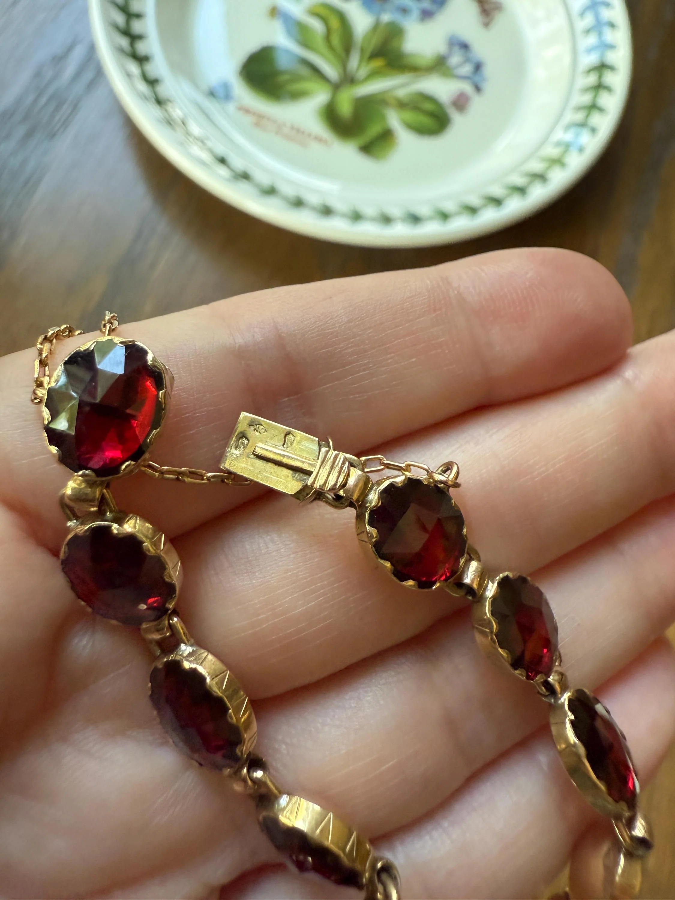 Antique French Perpignan GARNET Oval Riviere Eternity Tennis Bracelet 18k Gold Bezel Set Rose Cut Closed Back Almandine Glowing Raspberry - Image 9