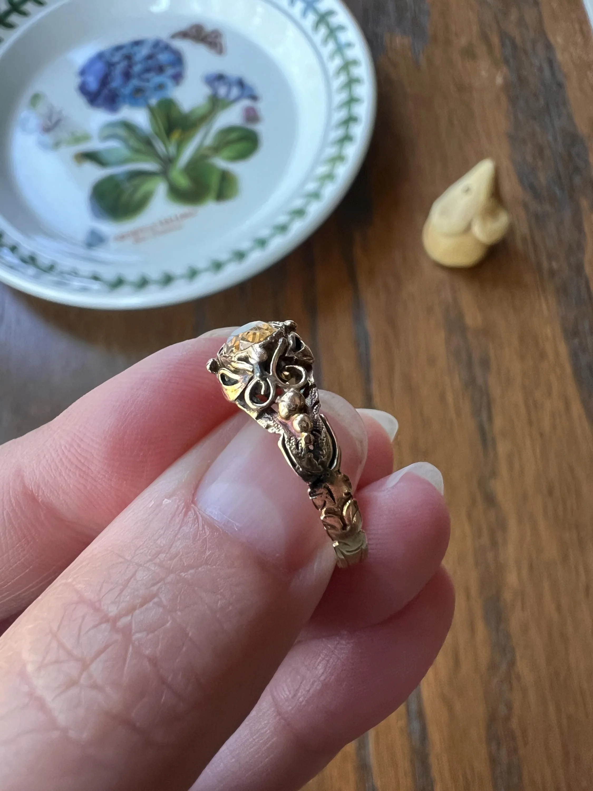 Antique GEORGIAN Old Cut Precious Golden Yellow Peach TOPAZ Ring 14k Gold Foil Back East West OVAL - Image 10